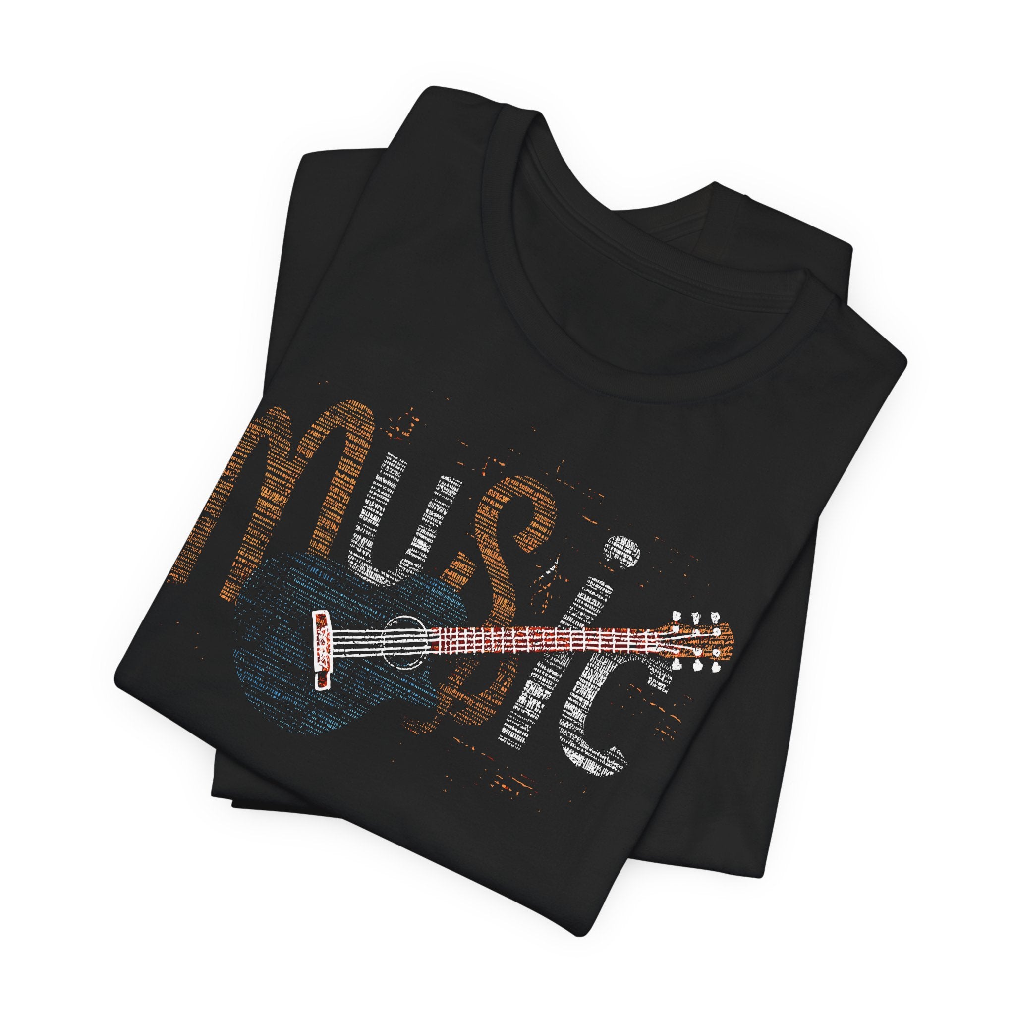Black t-shirt with 'Music' and guitar design on a white background