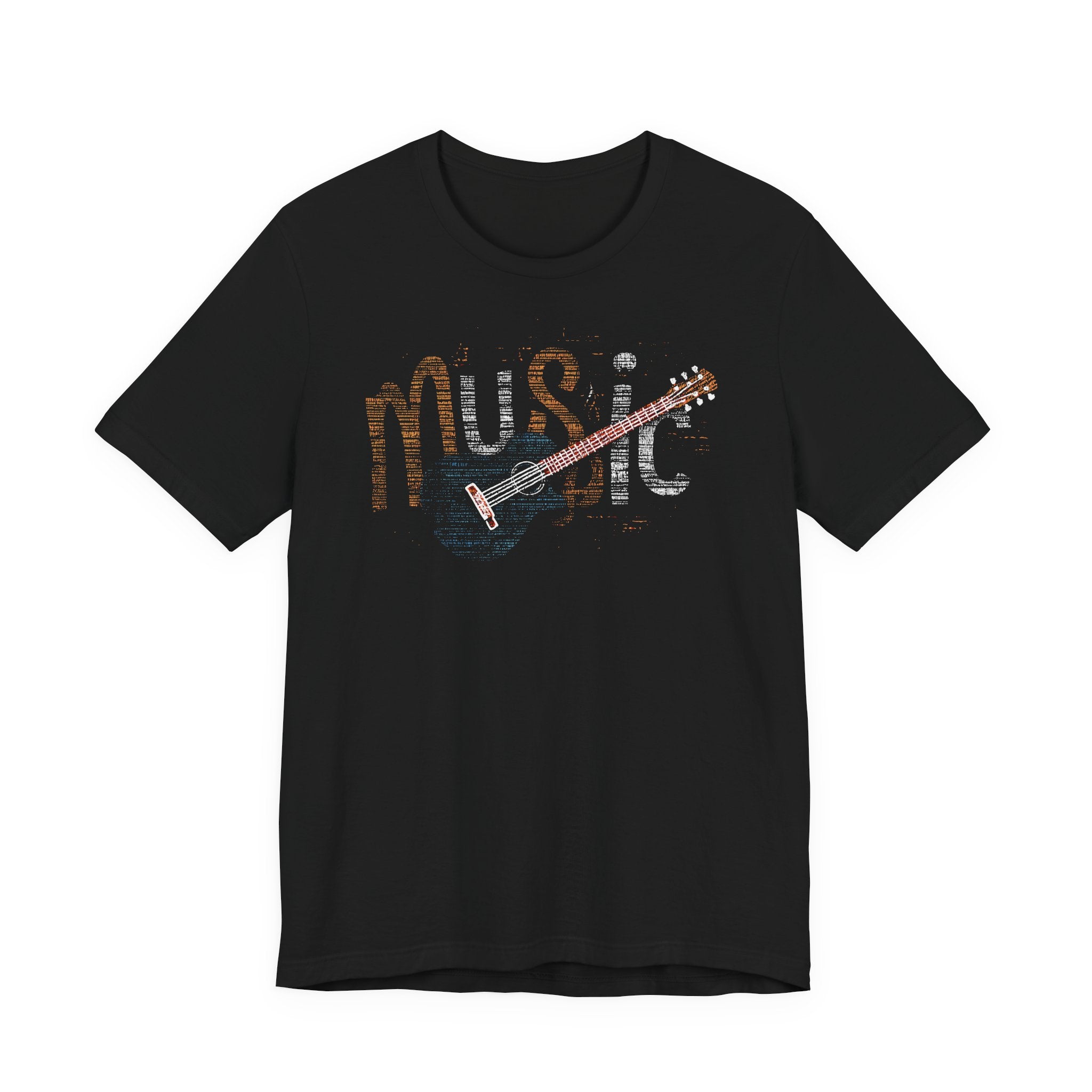 Black t-shirt with 'music' and guitar graphic on a white background