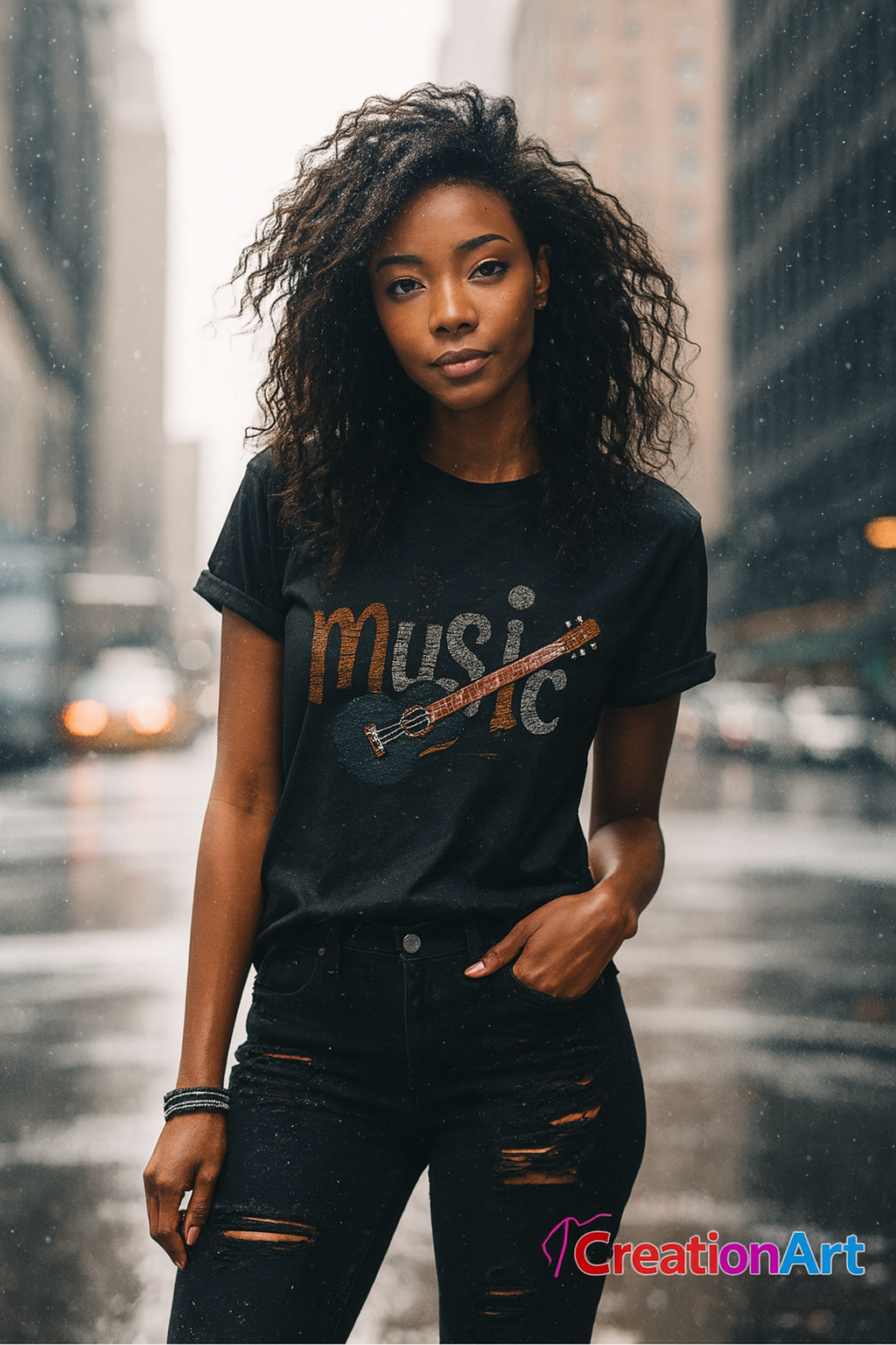 Woman wearing a black t-shirt with 'music' and a guitar graphic, standing in an urban setting.