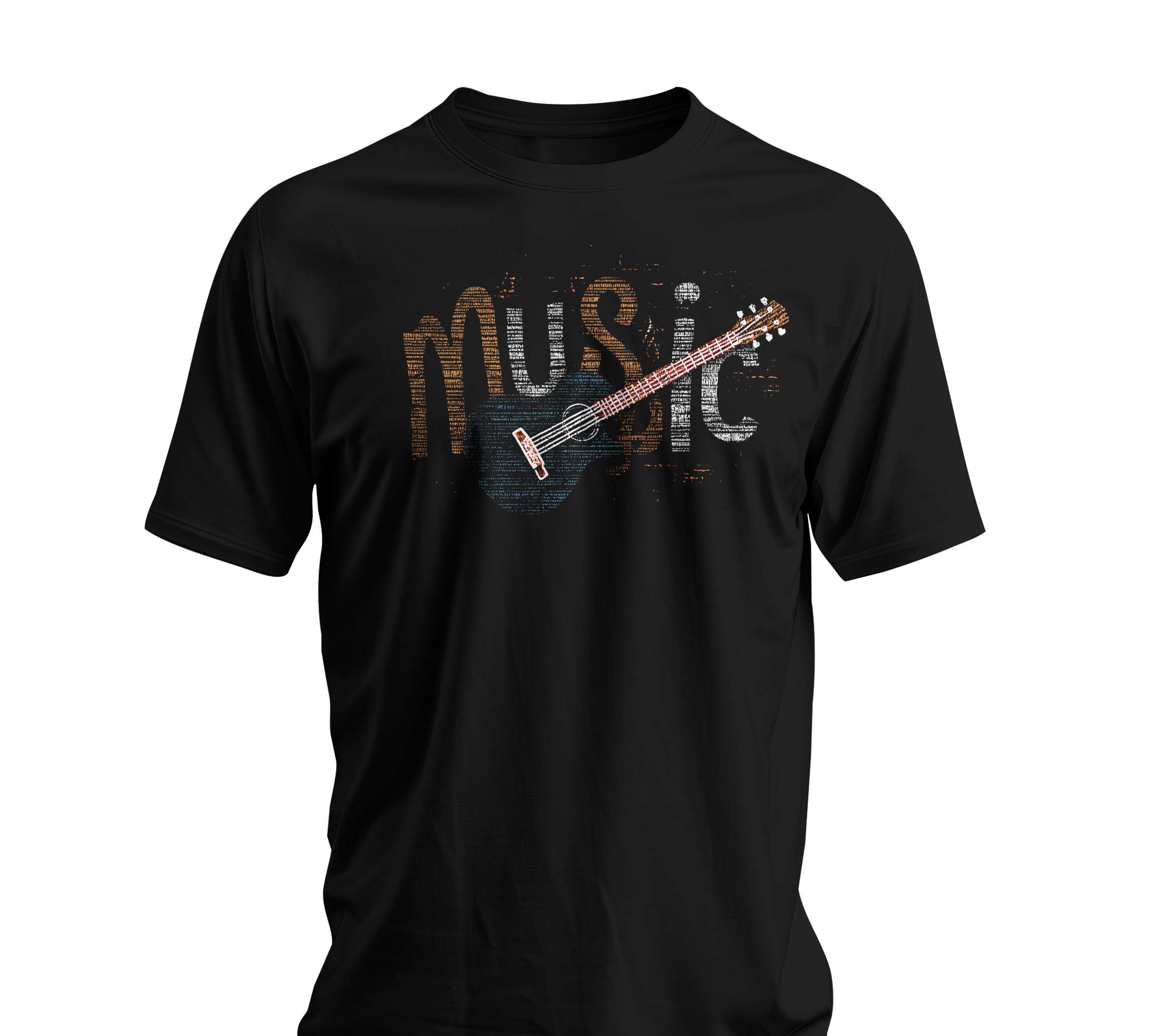 Black t-shirt with a graphic of a guitar and the word 'Music' on a white background