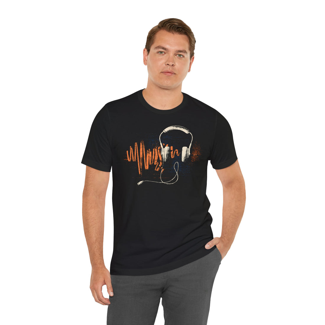 Man wearing a black t-shirt with a graphic design on a white background