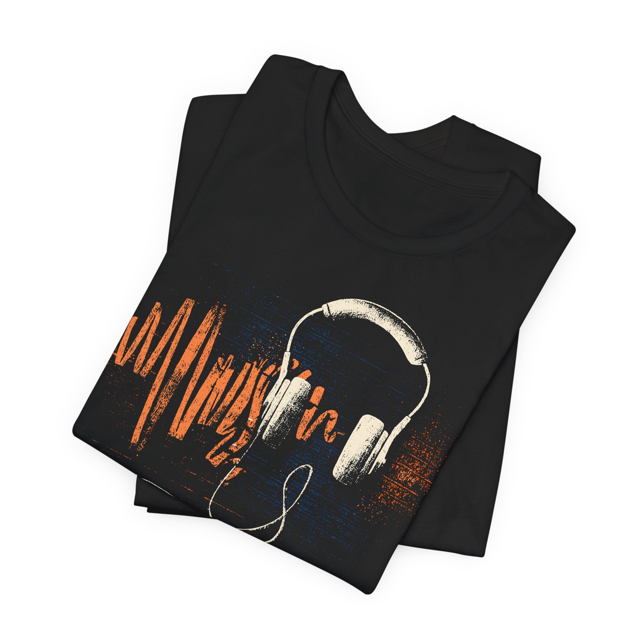 Black t-shirt with headphones and 'All Things Music' text design on a white background