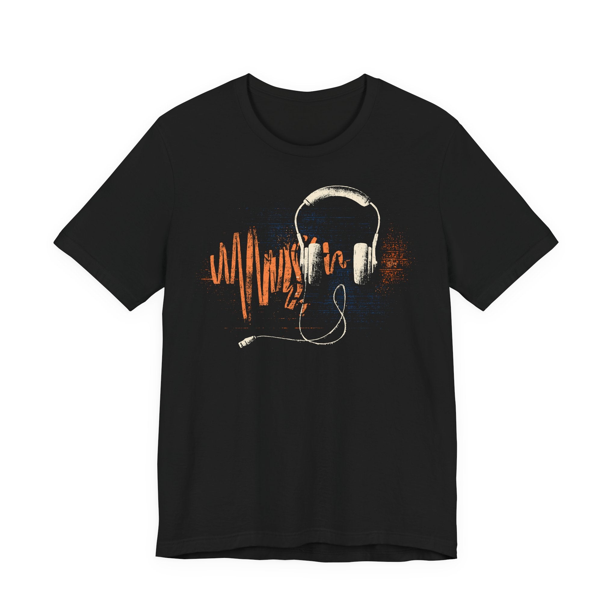Black t-shirt with a graphic of headphones and sound waves on a white background