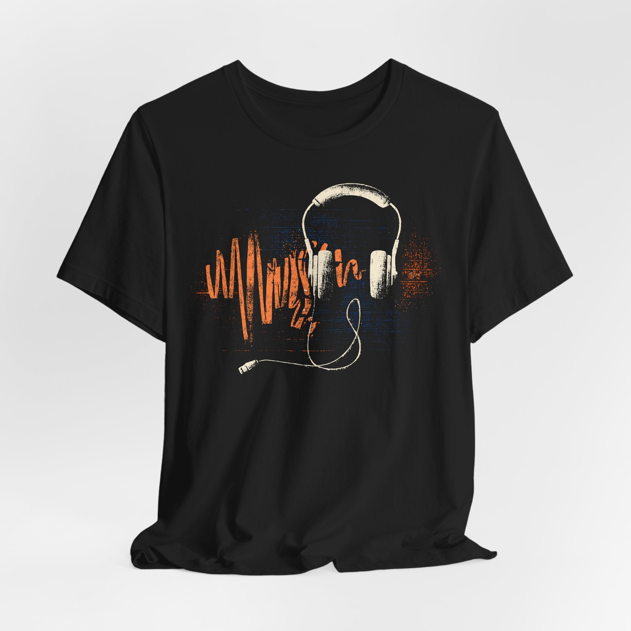 Black t-shirt with headphones and music notes design on a white background