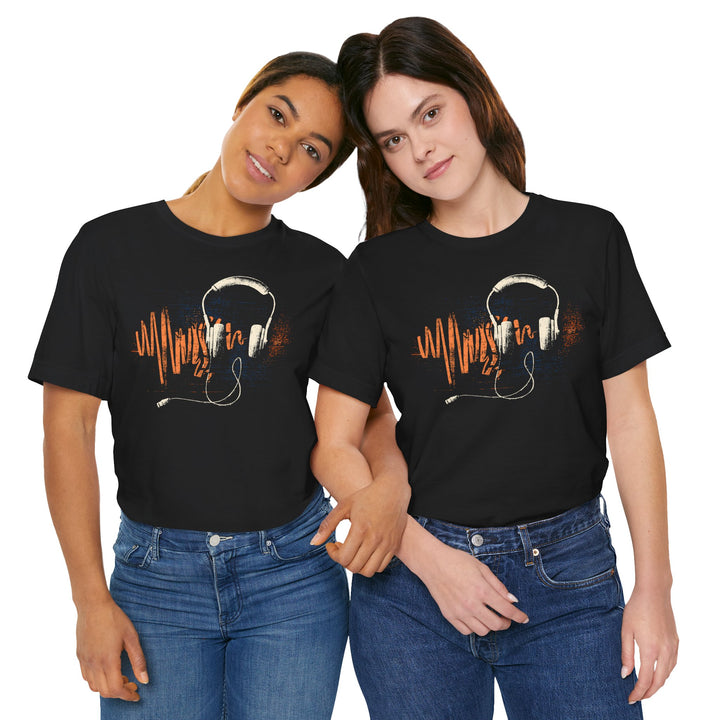 Two people wearing black t-shirts with a graphic design on a white background