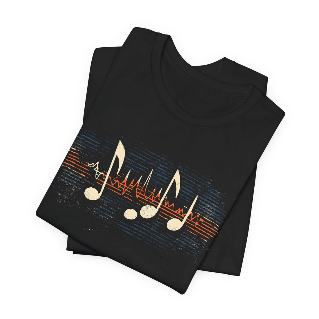 Black t-shirt with music note design on a white background