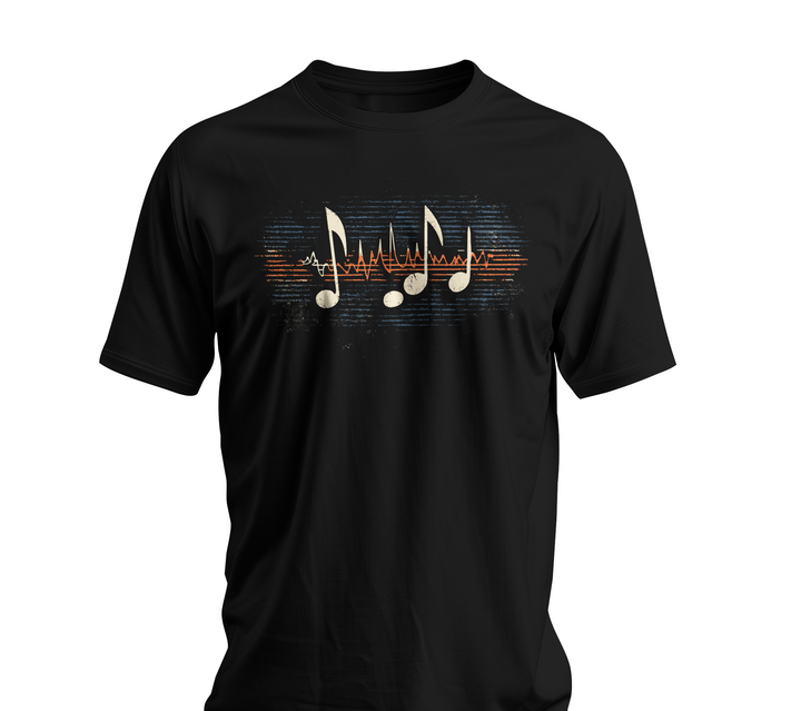 Black t-shirt with musical note design on a white background