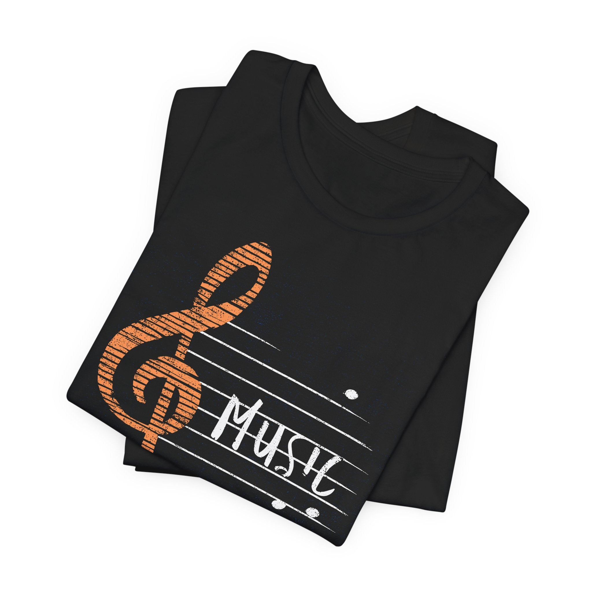 Black t-shirt with orange treble clef and white 'Music' text on a white background