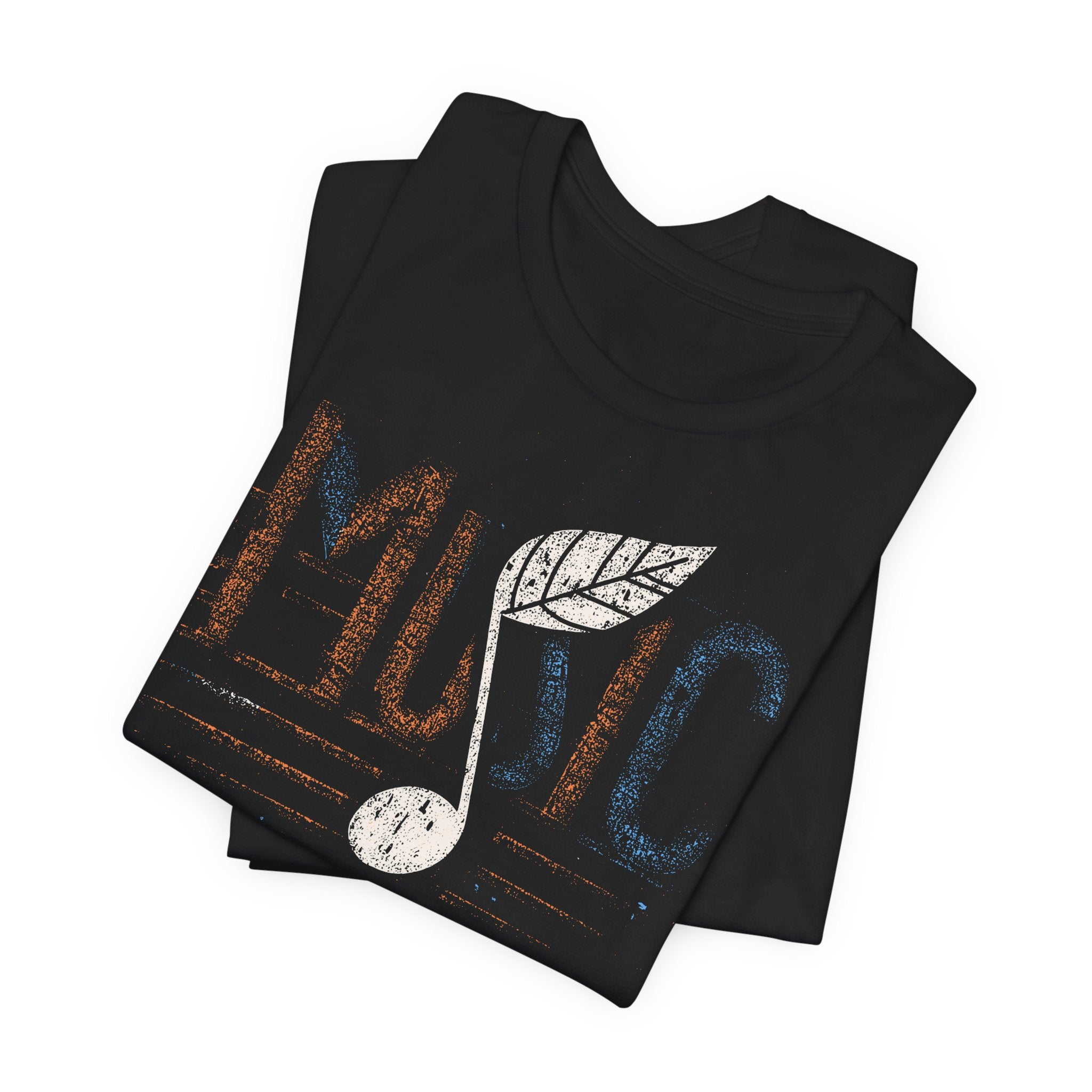Black t-shirt with music-themed design on a white background