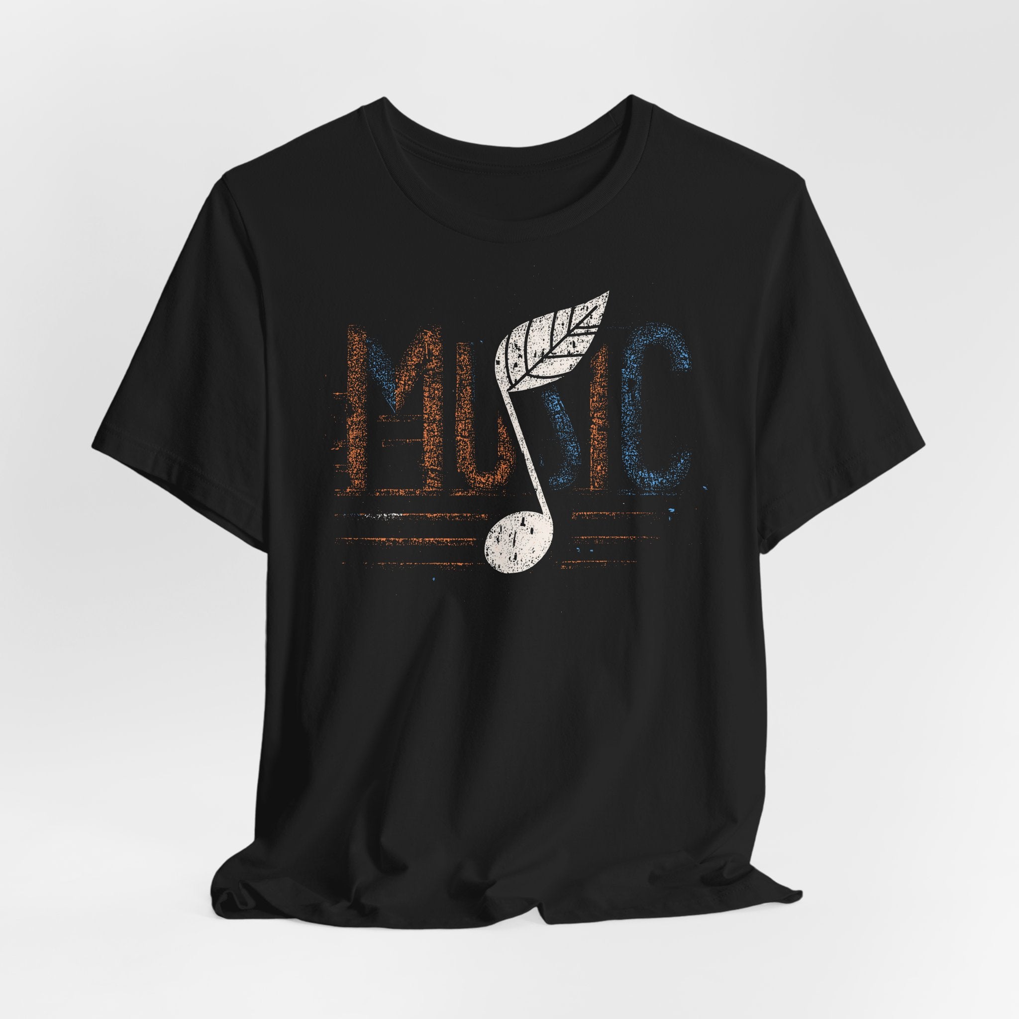 Black t-shirt with 'Music' design featuring a leaf and musical note on a white background