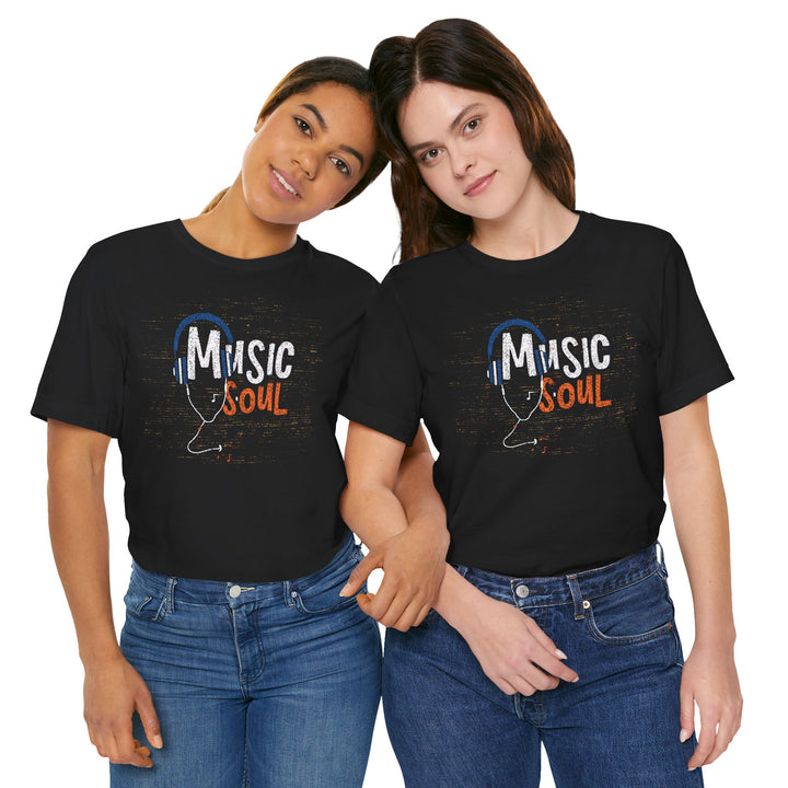 Two people wearing black t-shirts with 'Music Soul' design on a white background