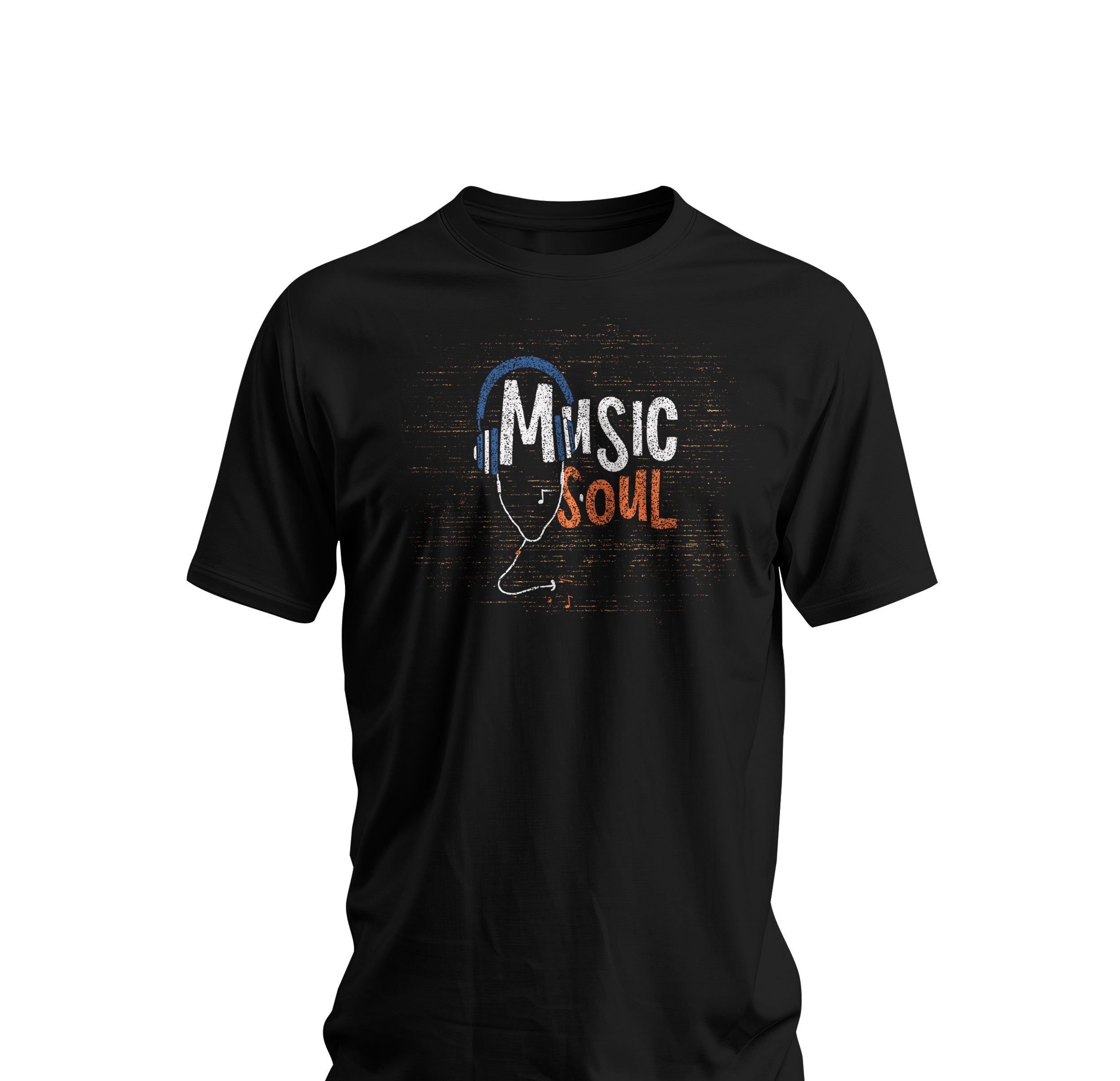 Black t-shirt with 'Music Soul' design on a white background