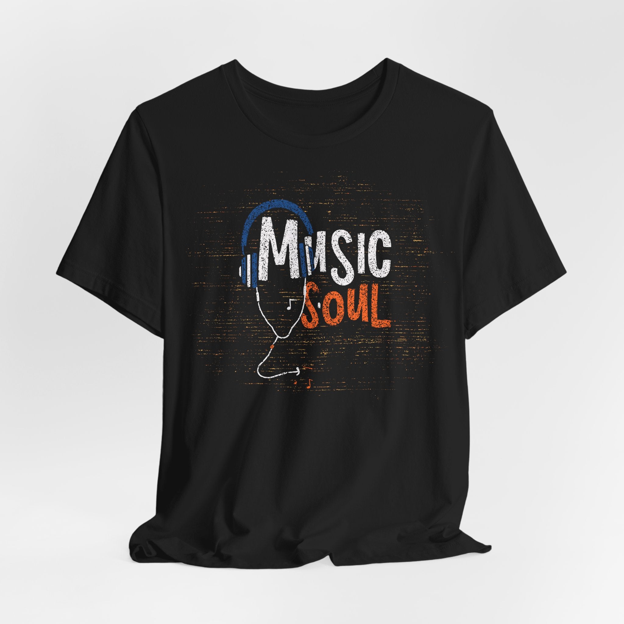 Black t-shirt with 'Music is my Soul' design on a white background