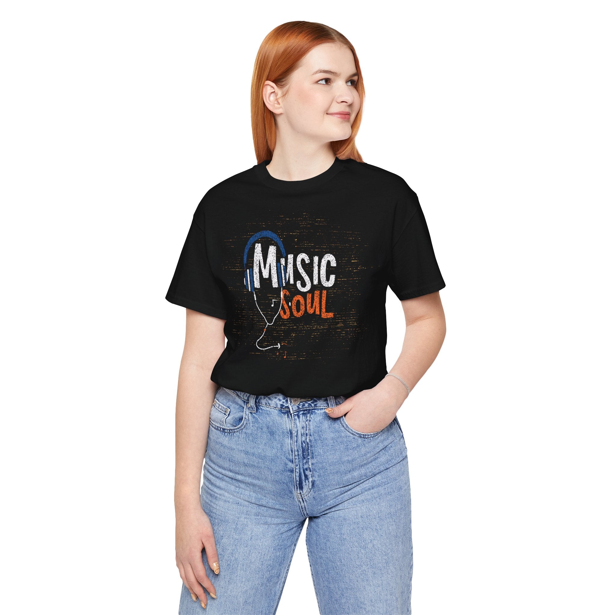 Person wearing a black t-shirt with 'Music is my Soul' design on a white background