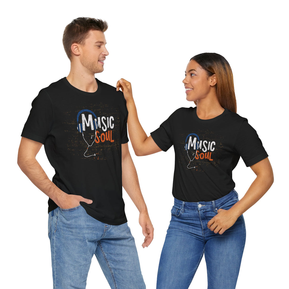 Two people wearing black t-shirts with 'Music is my Soul' design on a white background