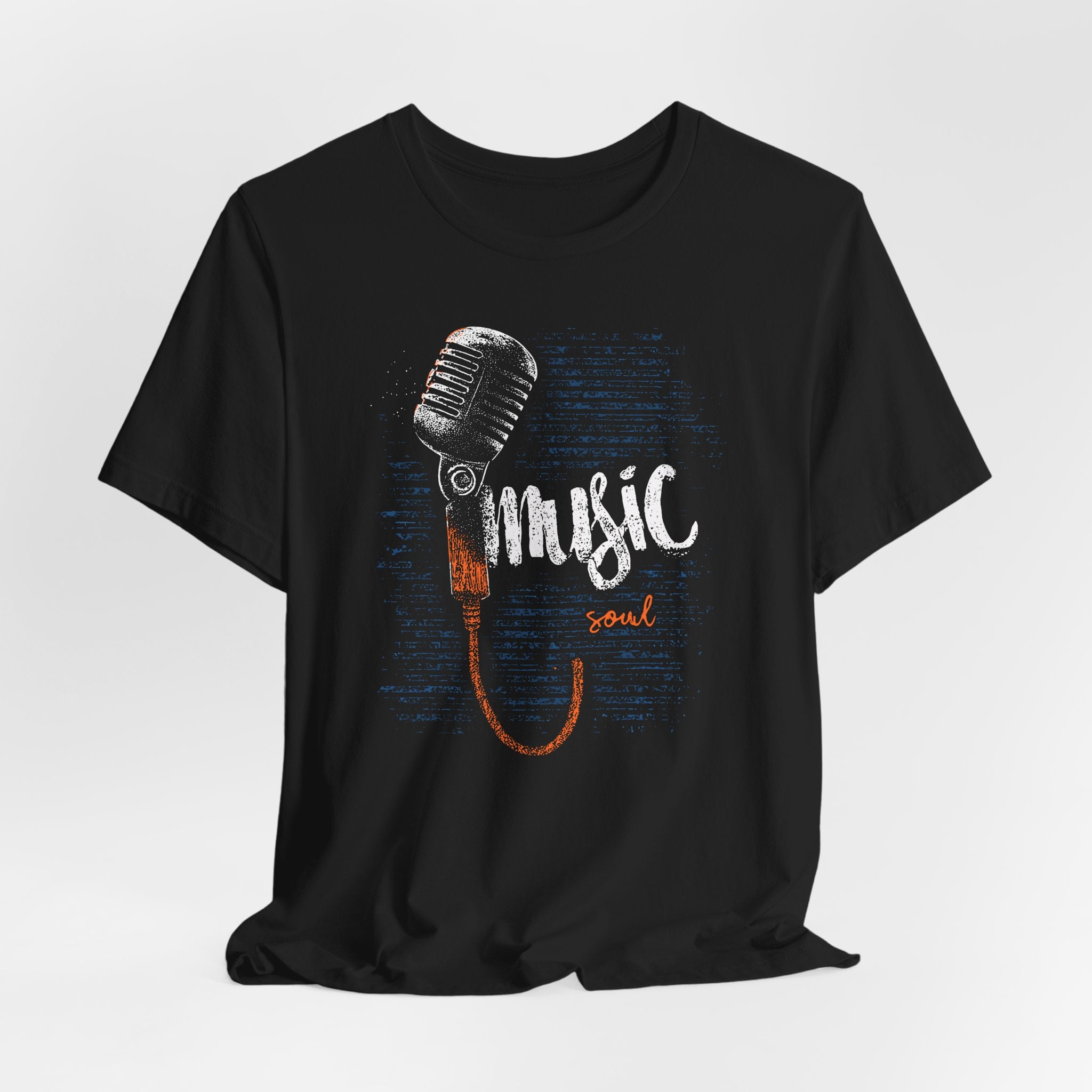 Black t-shirt with a microphone graphic and 'Music Soul' text on a white background