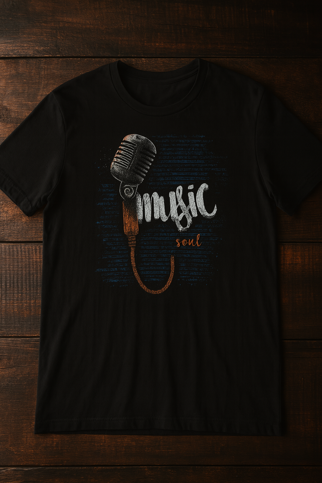 Black t-shirt with microphone graphic and 'music soul' text on a wooden surface