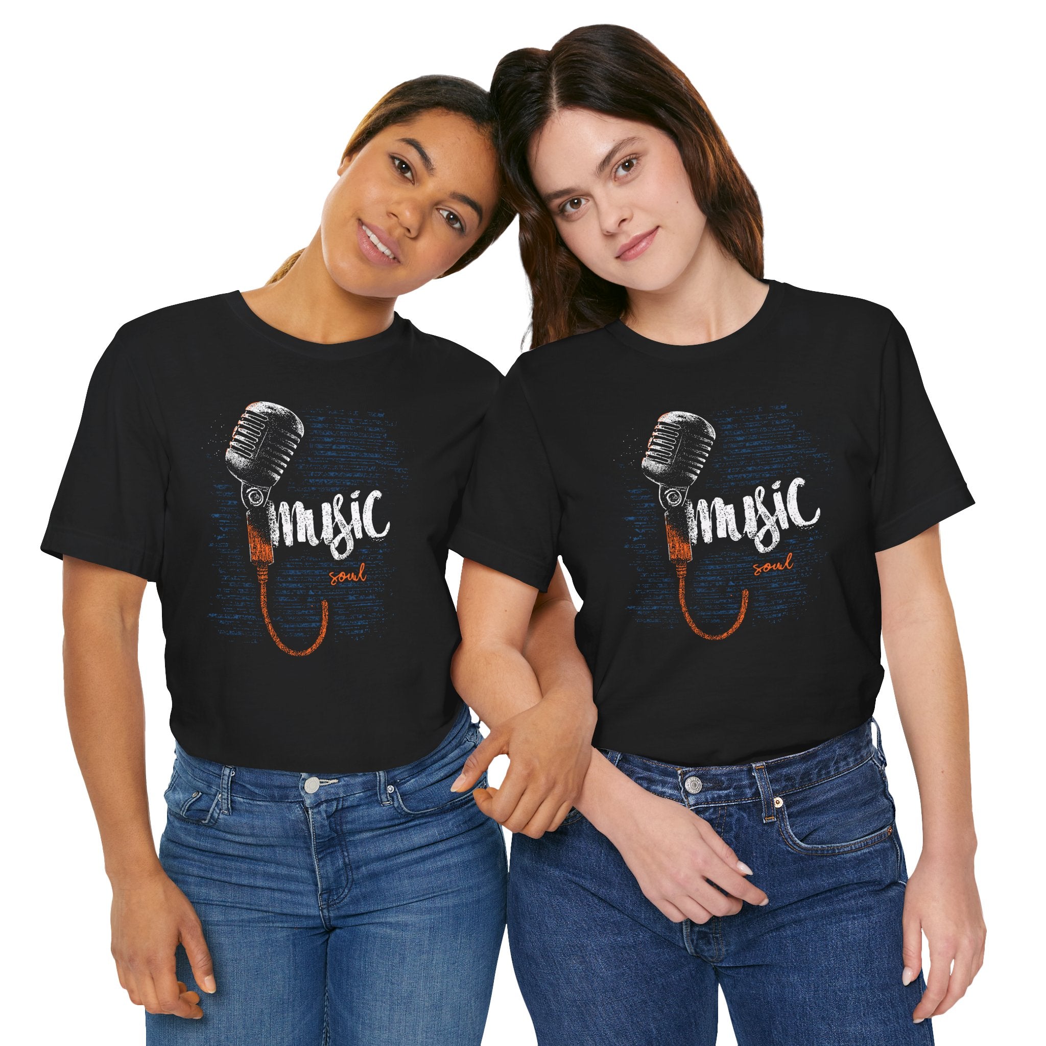 Two people wearing black t-shirts with a microphone and 'music soul' design on a white background.