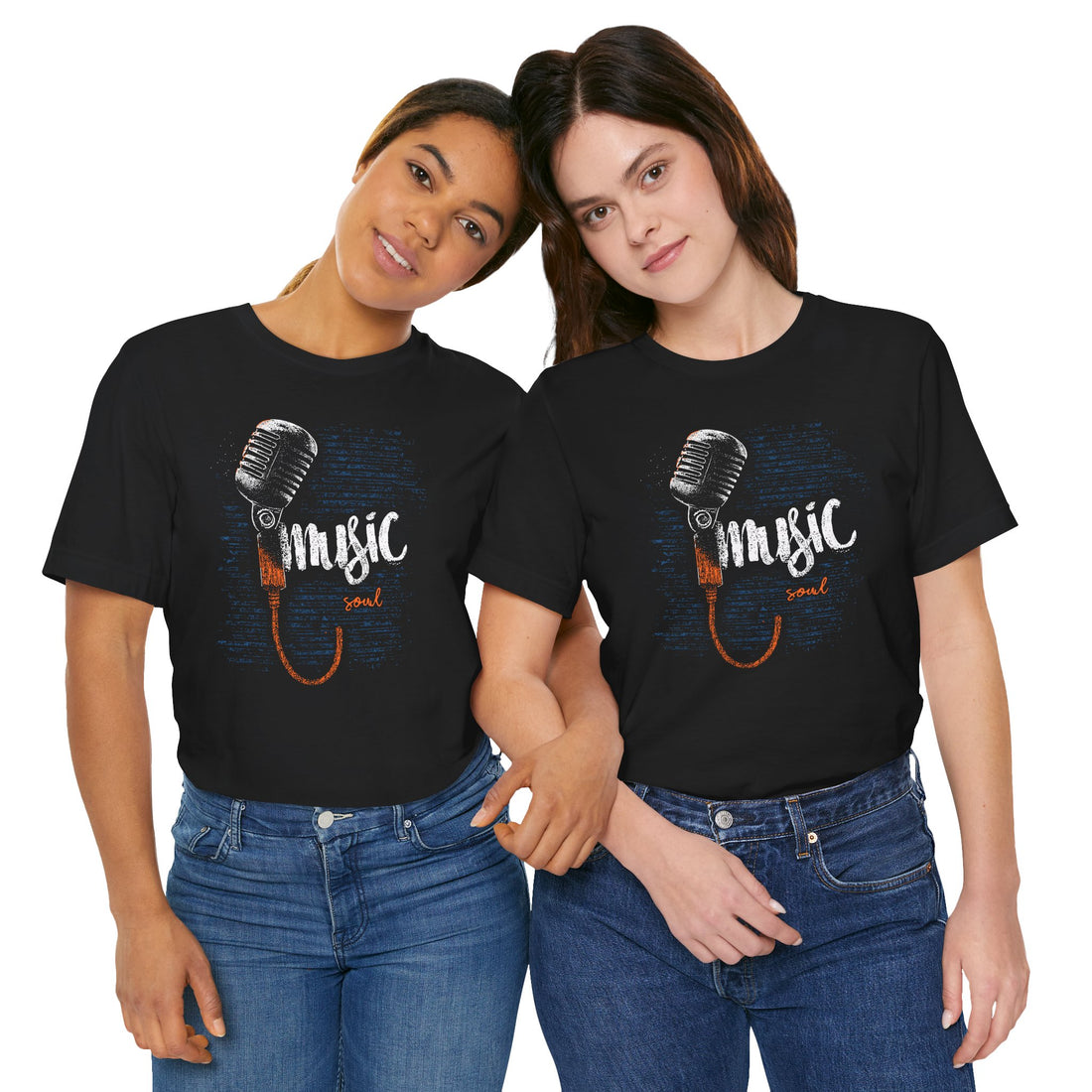 Two people wearing black t-shirts with a microphone and 'music soul' design on a white background.