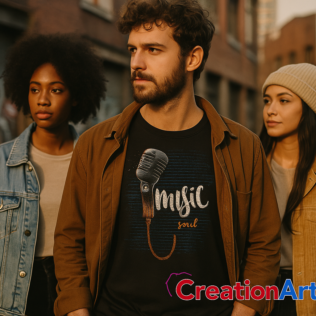 Man wearing a 'Music Soul' t-shirt with two women in the background on a city street.