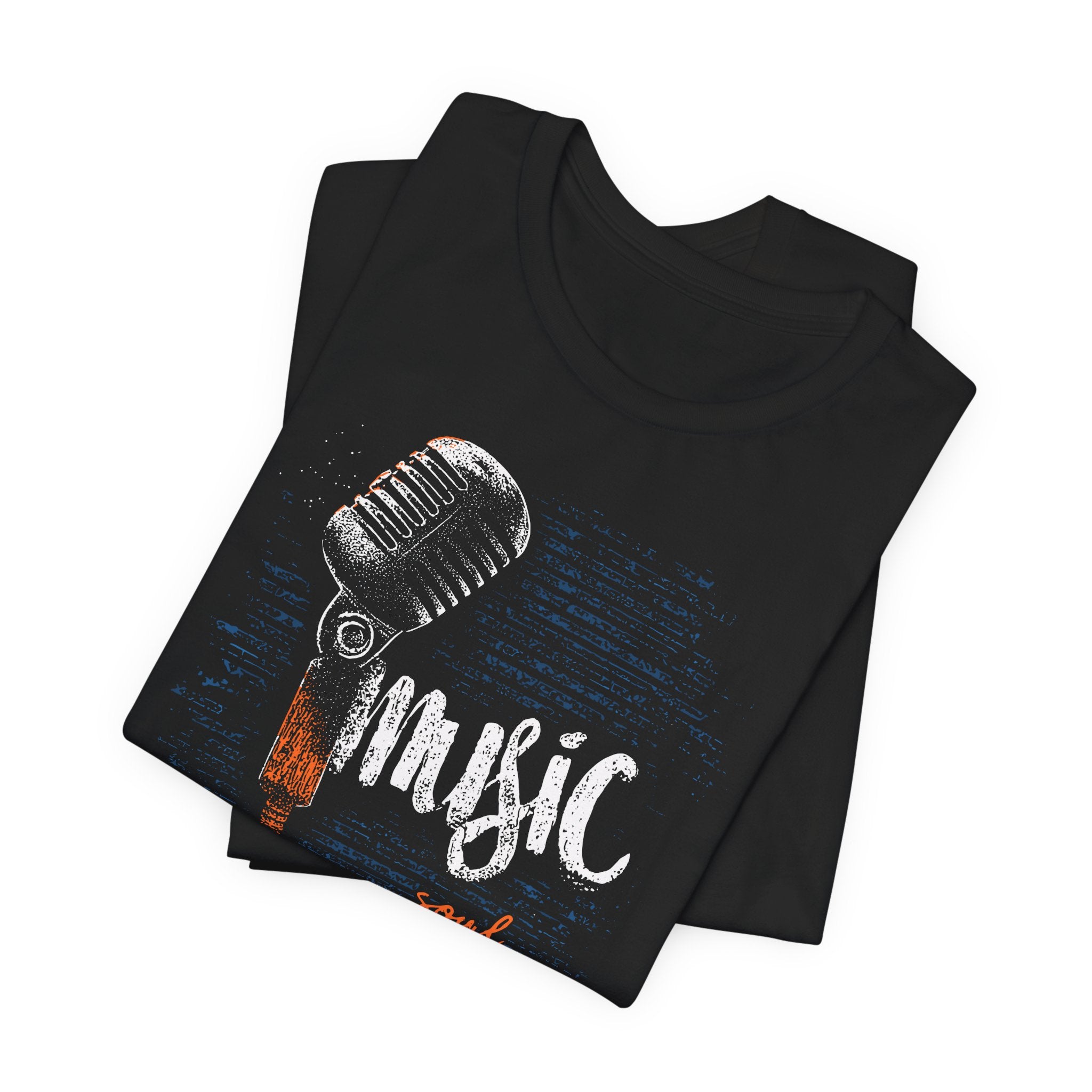 Black t-shirt with a microphone and 'Music' design on a white background
