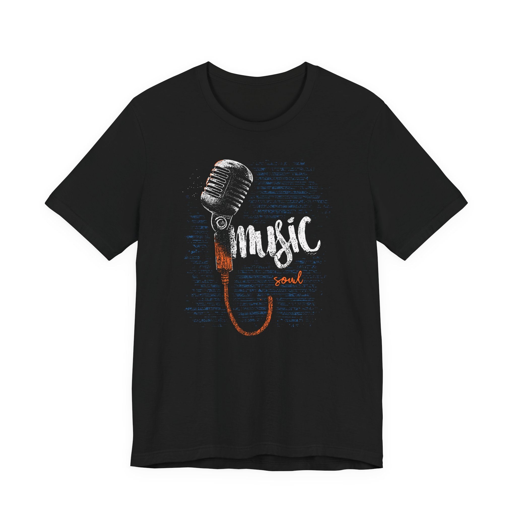 Black t-shirt with microphone graphic and 'Music is my soul' text on a white background