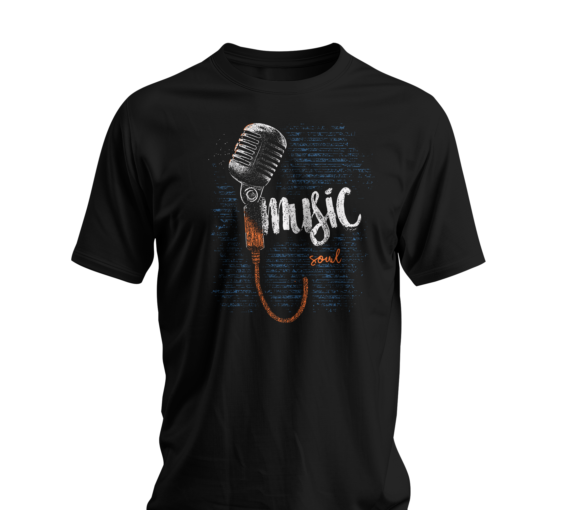 Black t-shirt with a microphone graphic and 'Music is Soul' text on a white background