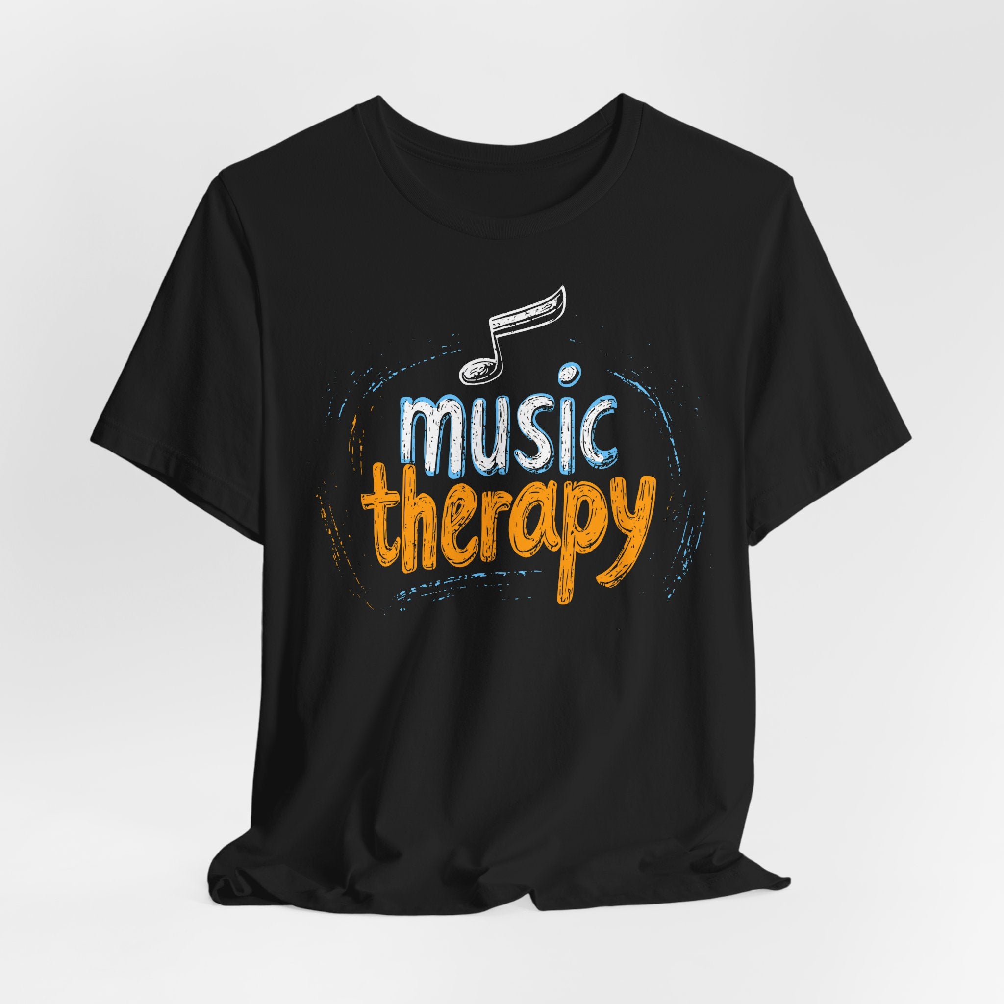 Black t-shirt with 'music therapy' text and musical note design on a white background