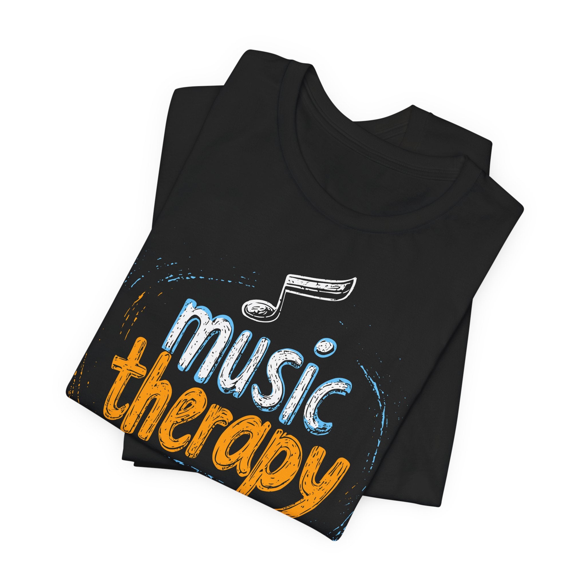 Black t-shirt with 'music therapy' text and musical note design on a white background