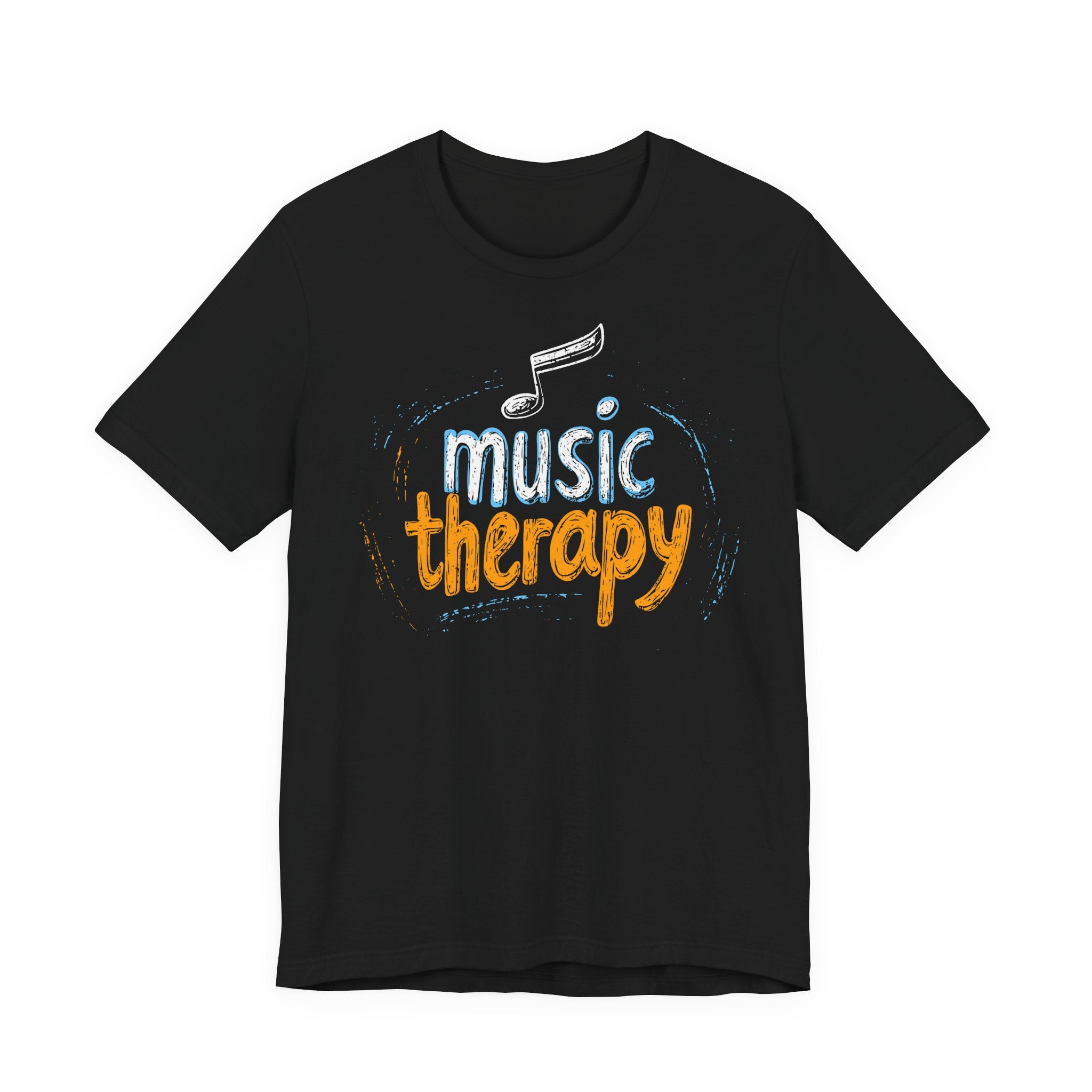 Black t-shirt with 'music therapy' text and musical note design on a white background