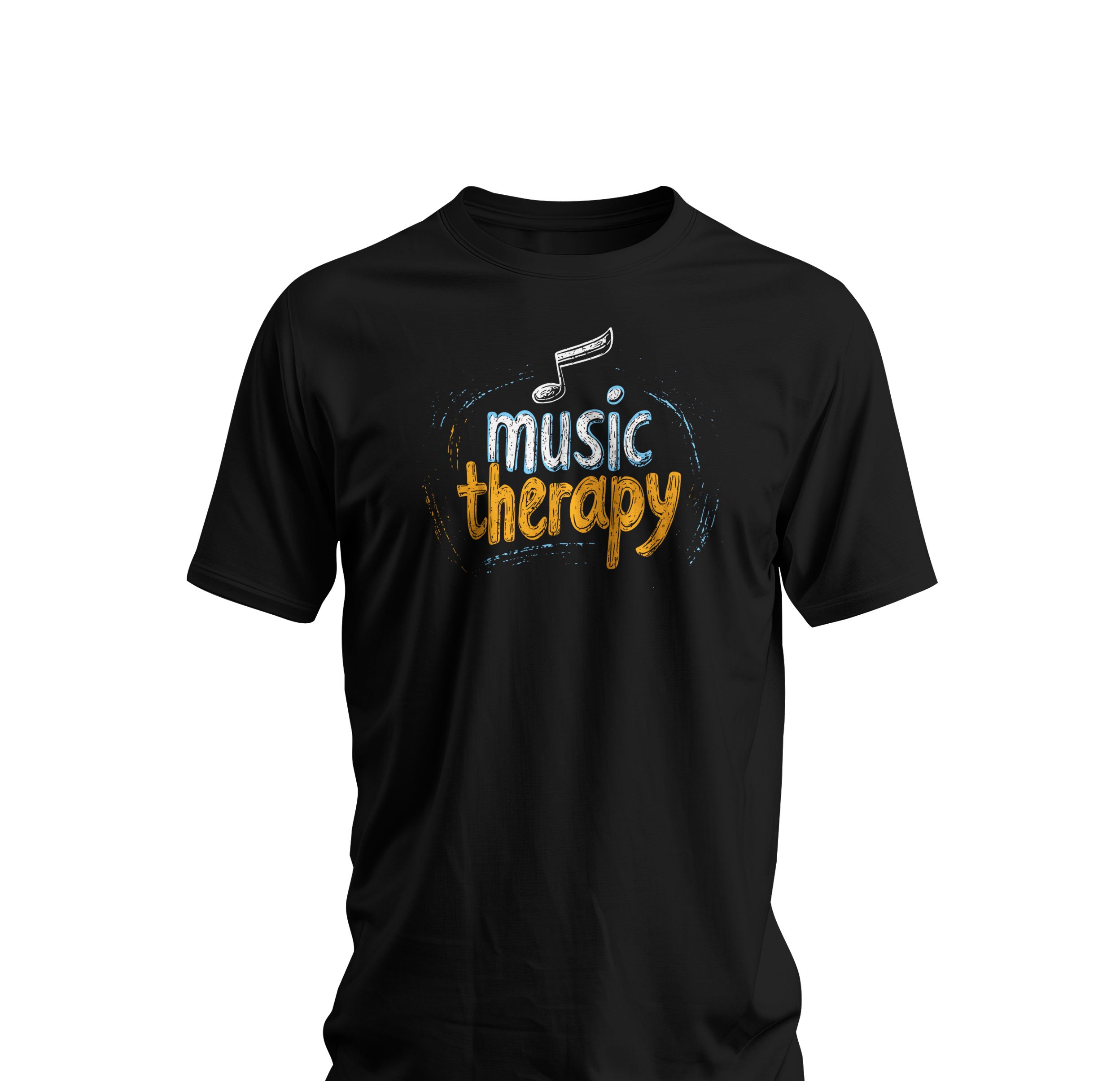 Black t-shirt with 'music therapy' design on a white background