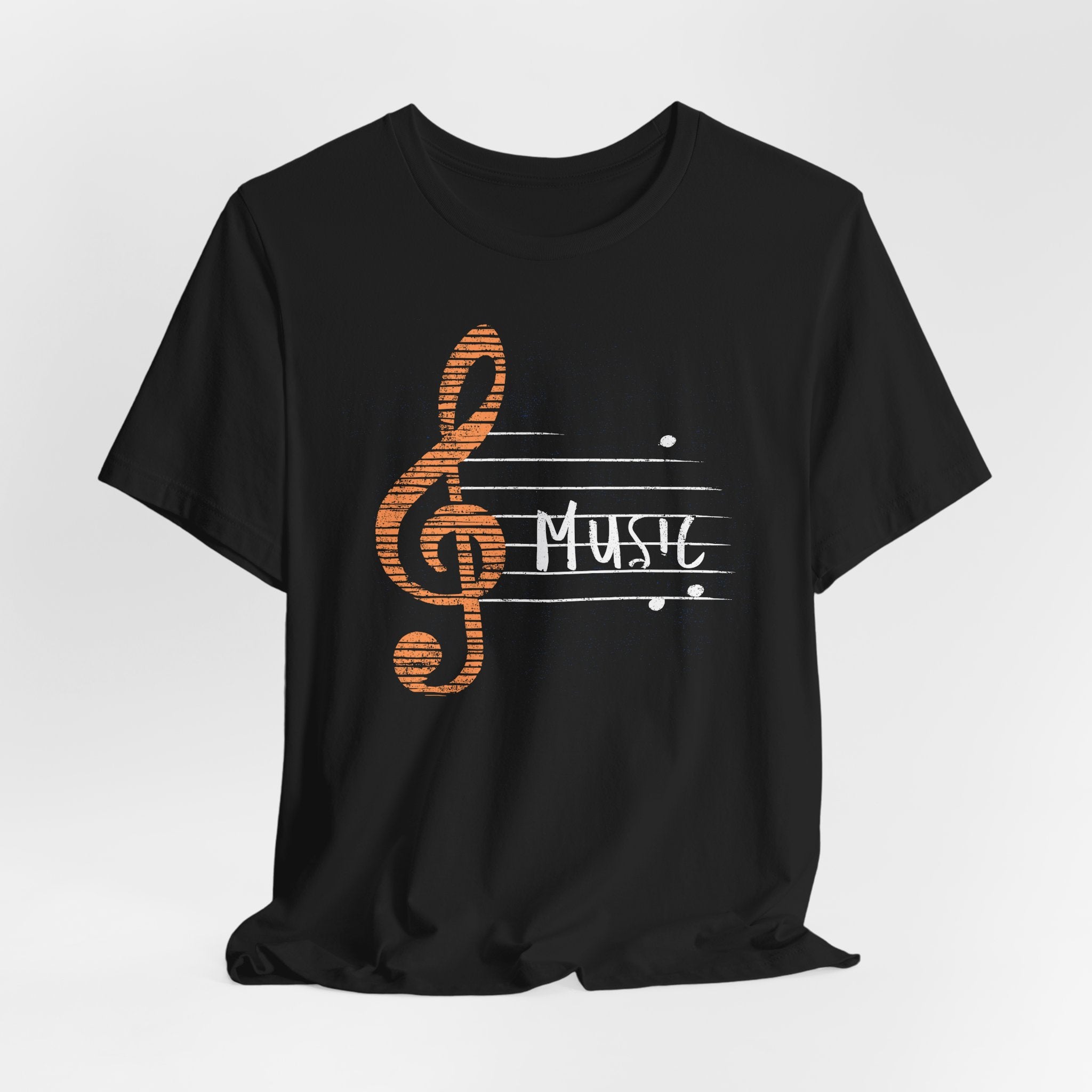 Black t-shirt with a music-themed design on a white background