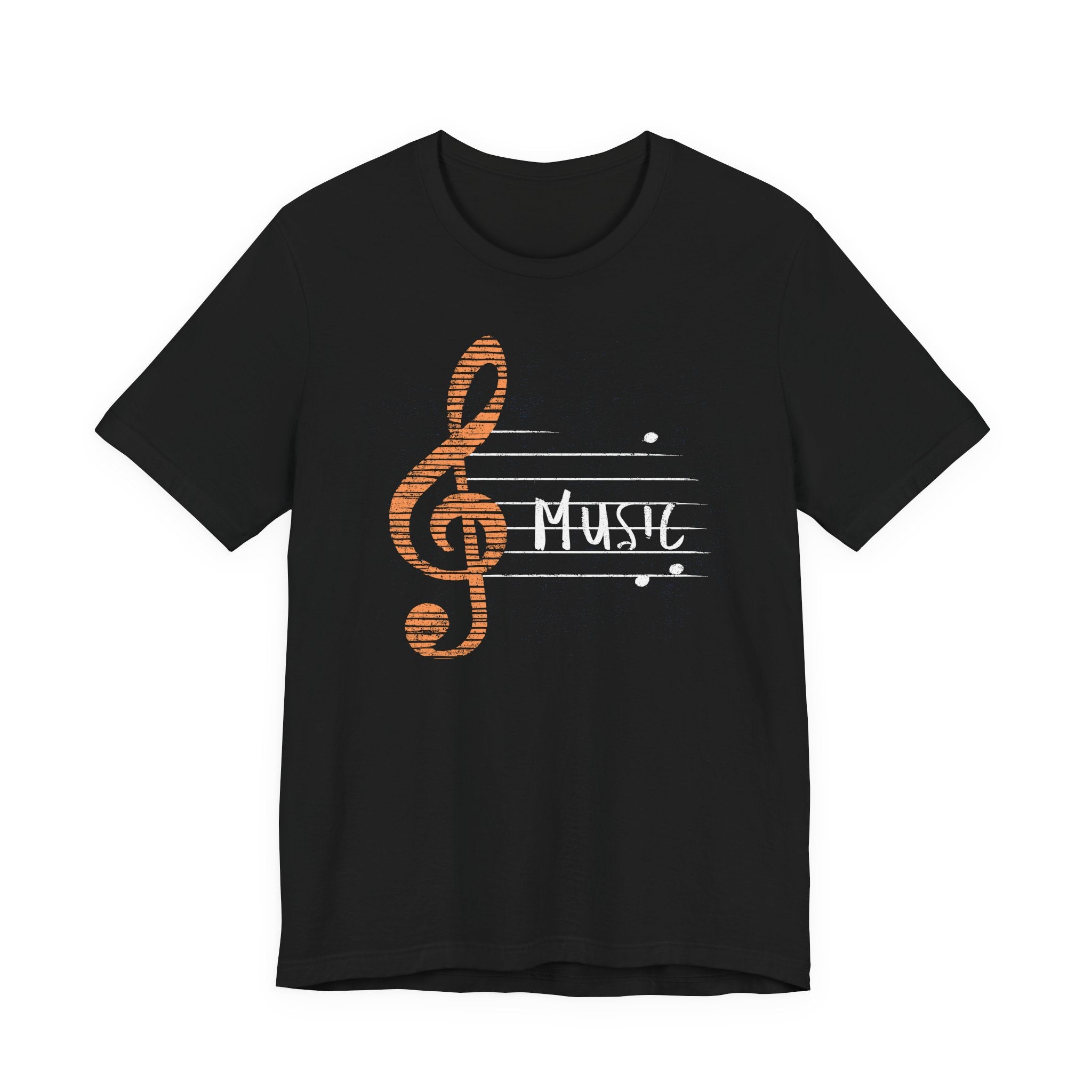 Black t-shirt with a music-themed design on a white background