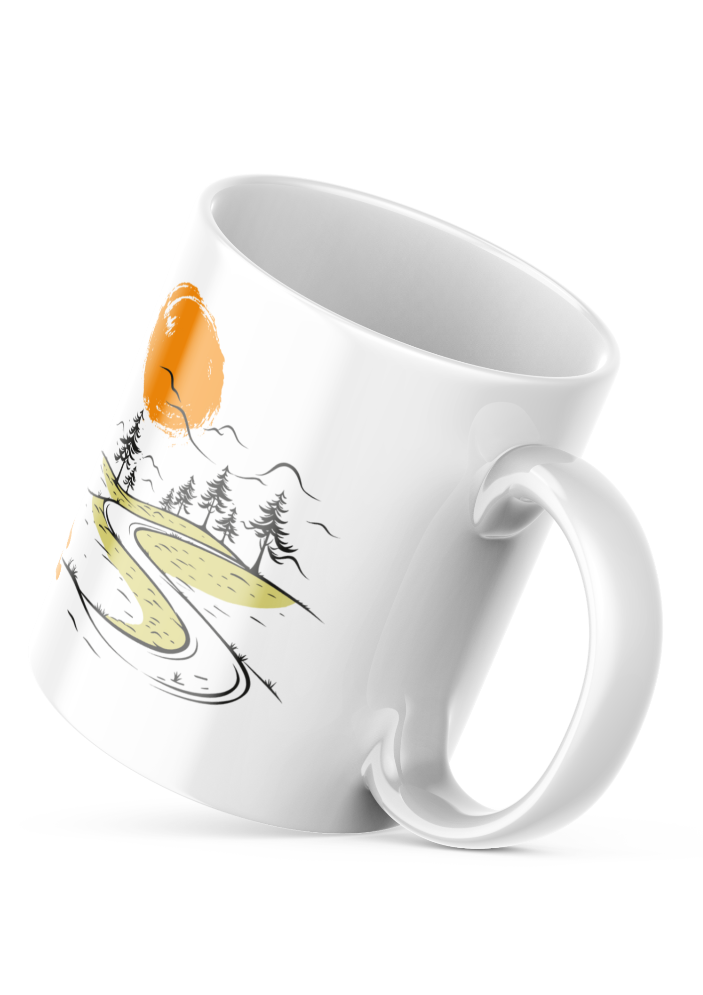 Good Morning adventure mug with a mountain sunrise illustration, an 11oz ceramic coffee cup gift for hikers and nature lovers.