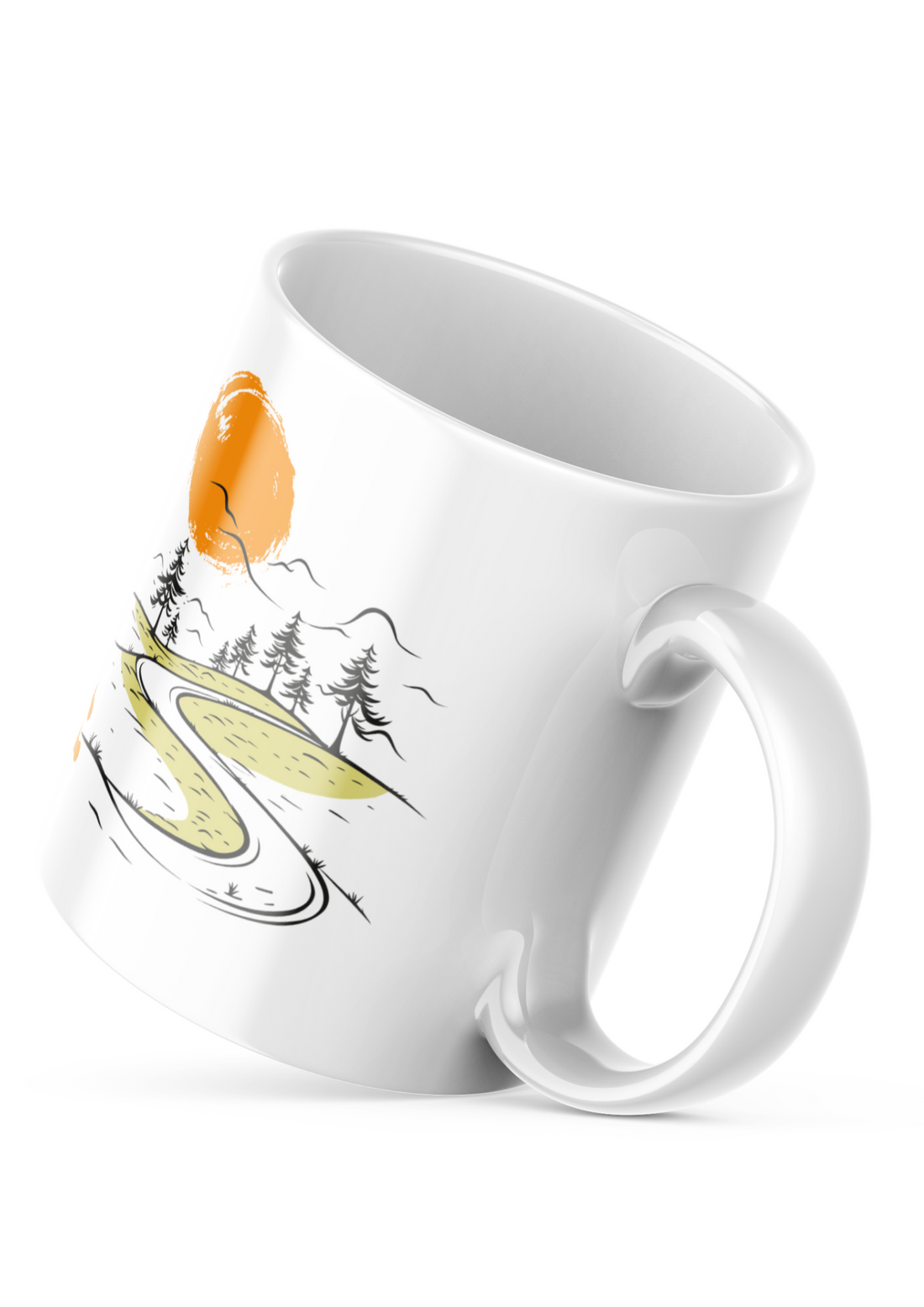 Good Morning adventure mug with a mountain sunrise illustration, an 11oz ceramic coffee cup gift for hikers and nature lovers.