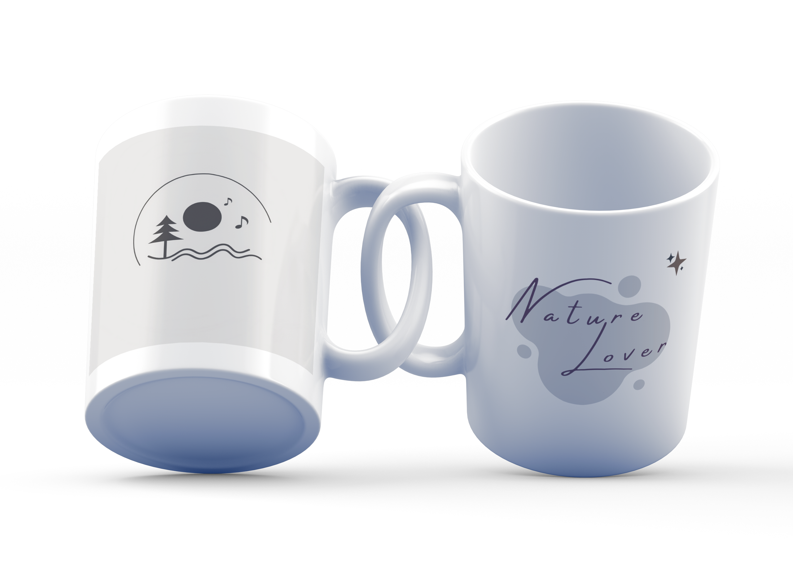 Two white ceramic mugs, one with a minimalist silhouette design of nature including trees and a rising sun, and the other with the text 'Nature Lover' printed on it.