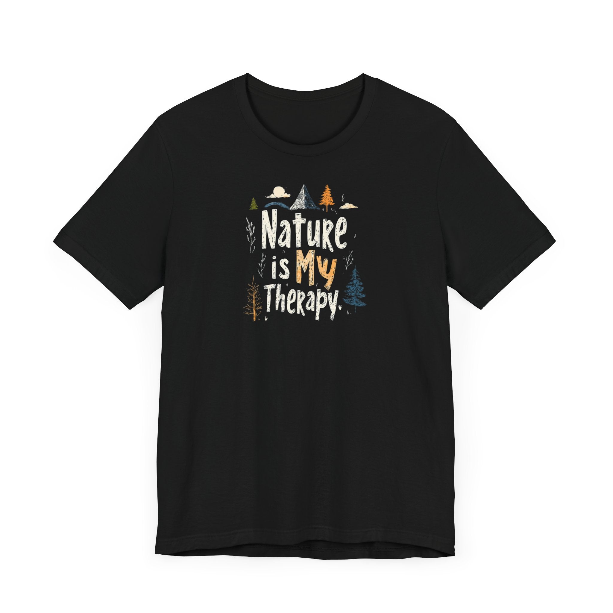 A black cotton t-shirt with a graphic design that includes mountains, trees, and the text 'Nature Is My Therapy'.