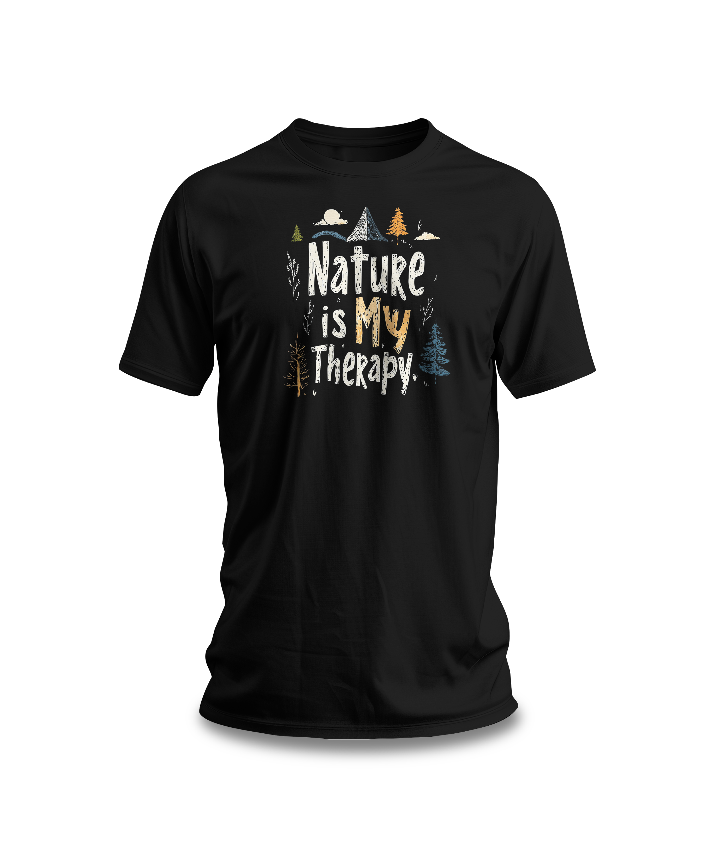 A black cotton t-shirt with a graphic design that includes mountains, trees, and the text 'Nature Is My Therapy'.