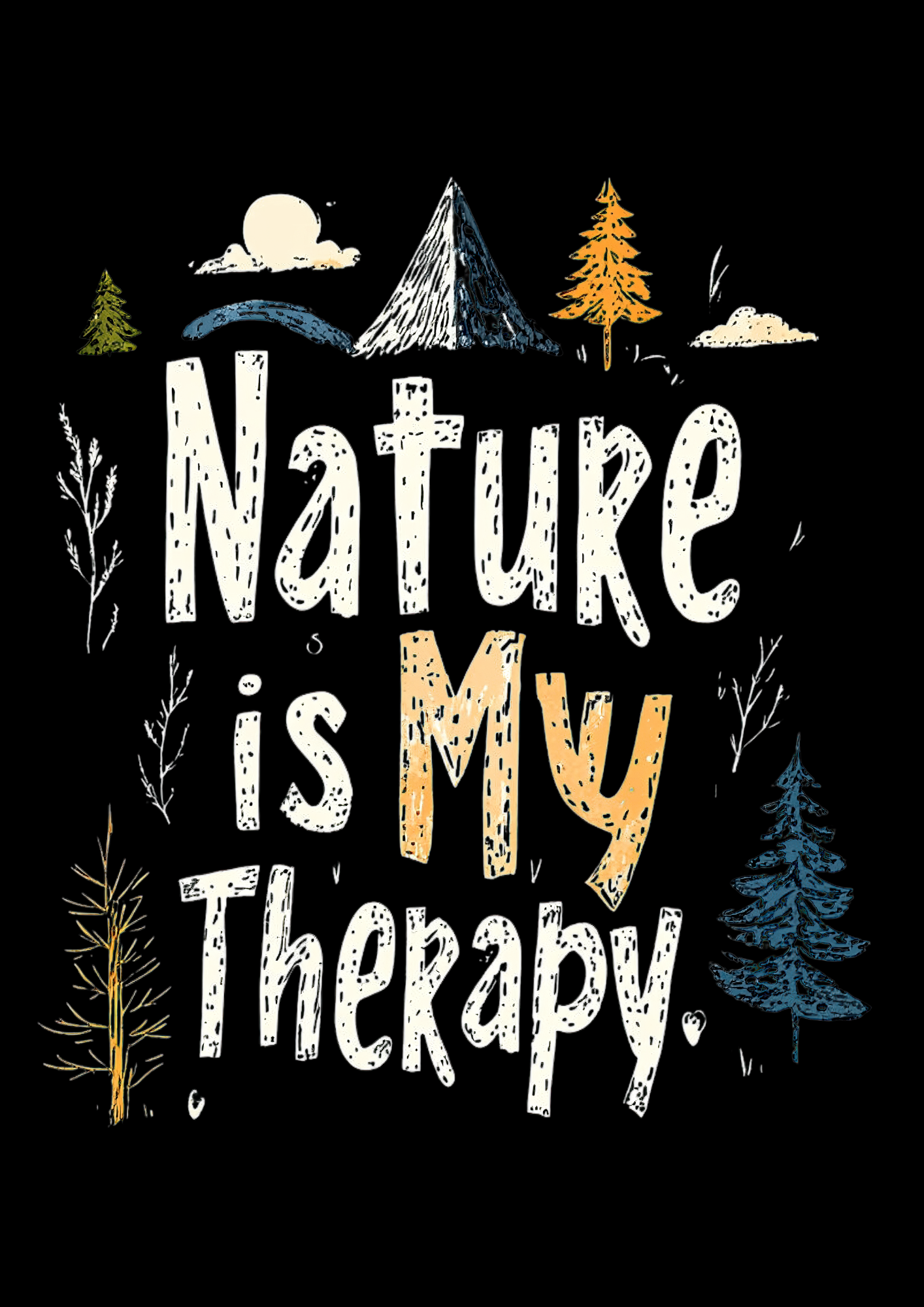 A black cotton t-shirt with a graphic design that includes mountains, trees, and the text 'Nature Is My Therapy'.