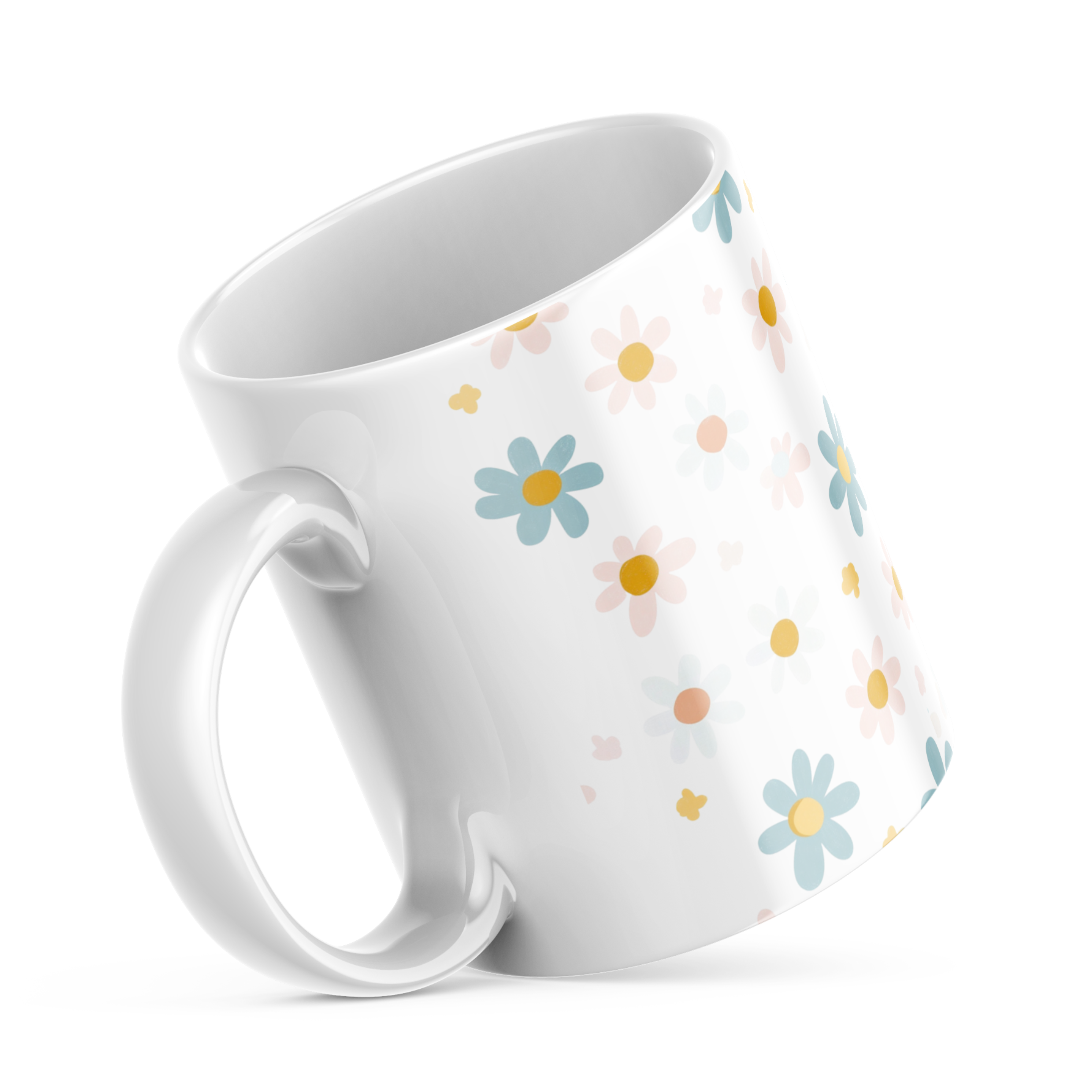 Ceramic mug handle with pastel daisy flowers, 11oz cup
