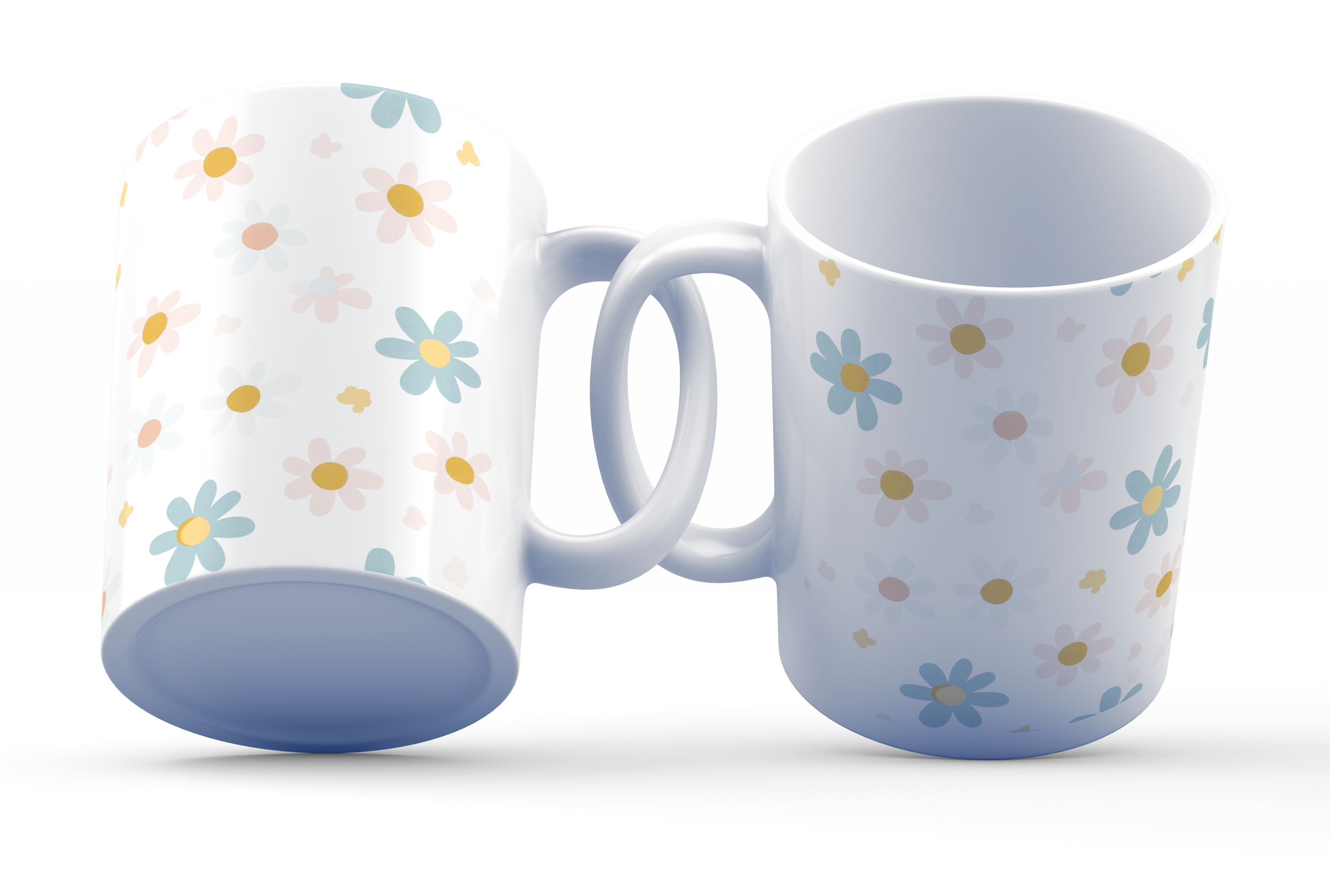 A white ceramic coffee cup with a playful floral design, featuring daisies in pastel shades of blue, pink, and yellow.