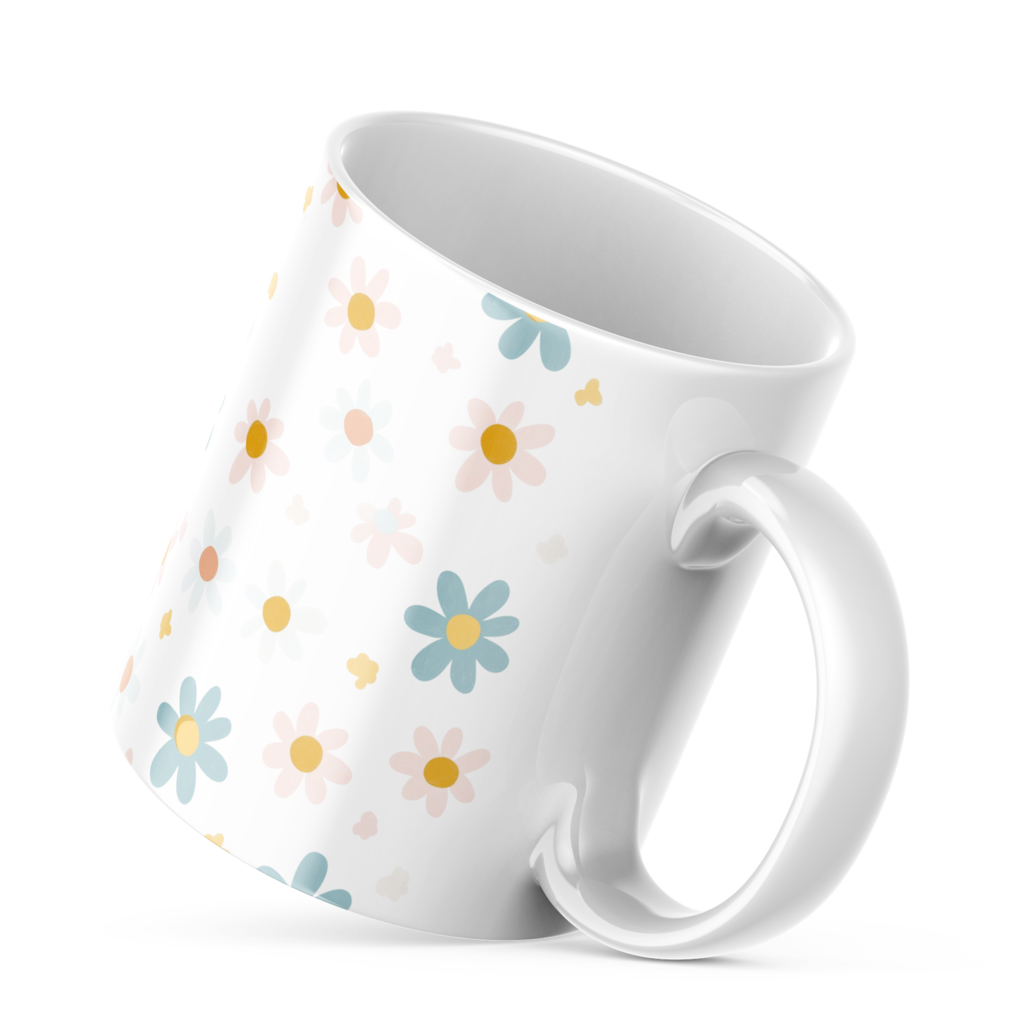 Closeup of minimalist daisy pattern in pastel colors on mug