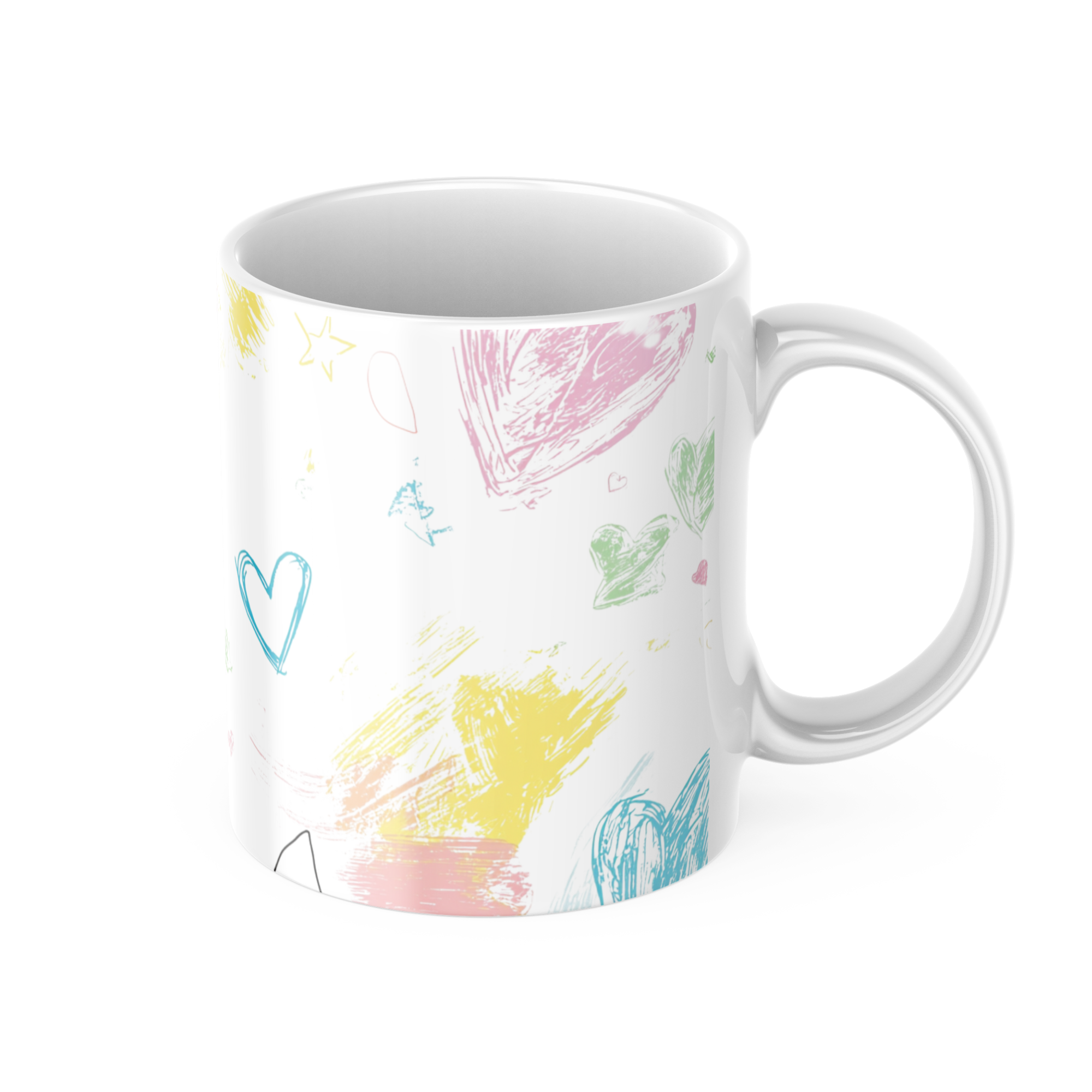 White mug with colorful abstract designs on a white background