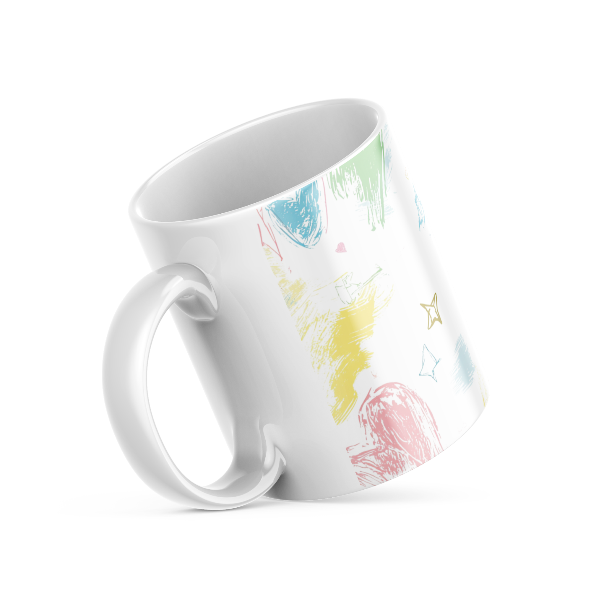 White mug with colorful abstract designs on a white background