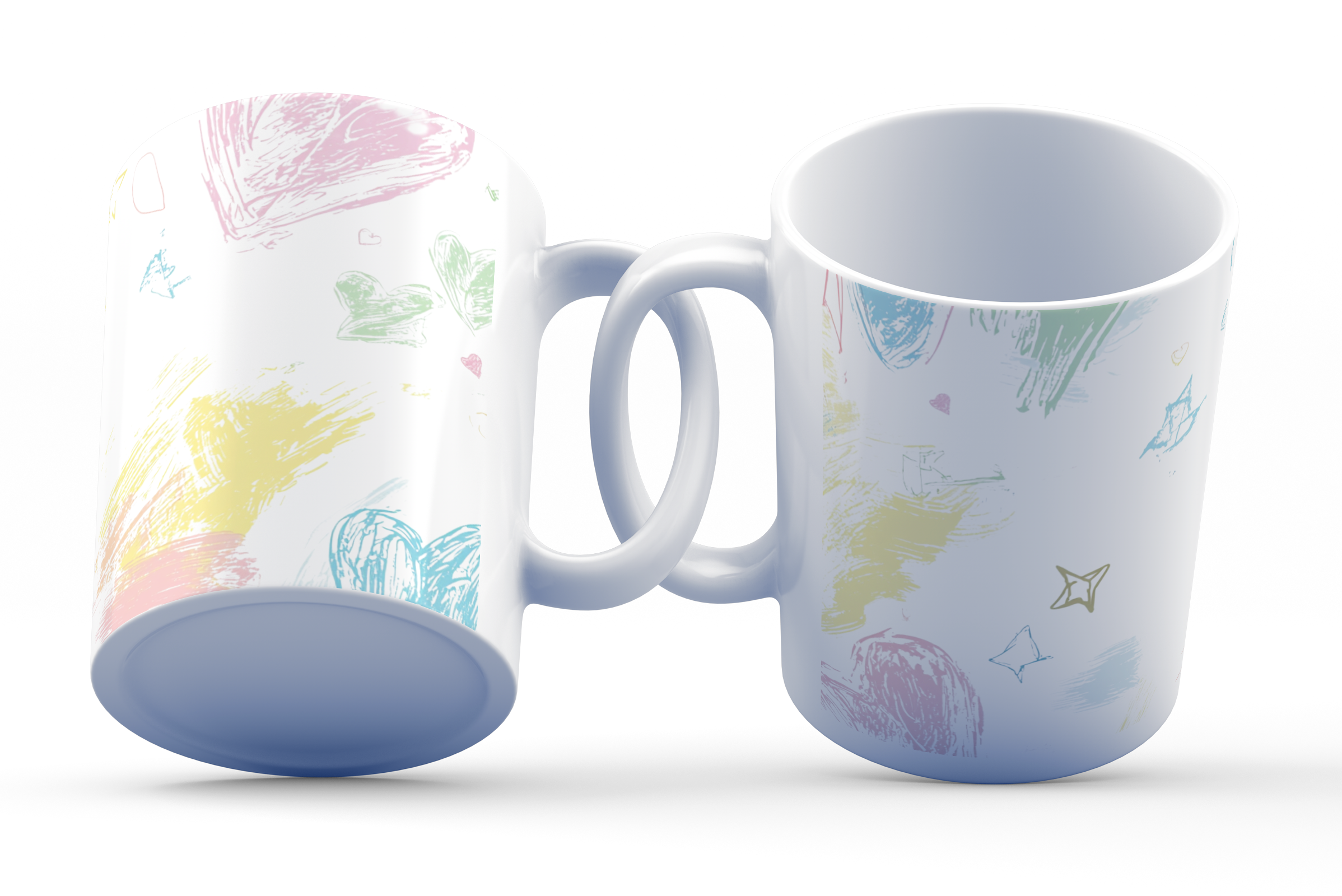 A white ceramic coffee cup with a colorful whimsical doodle design featuring hearts, stars, and other abstract shapes.