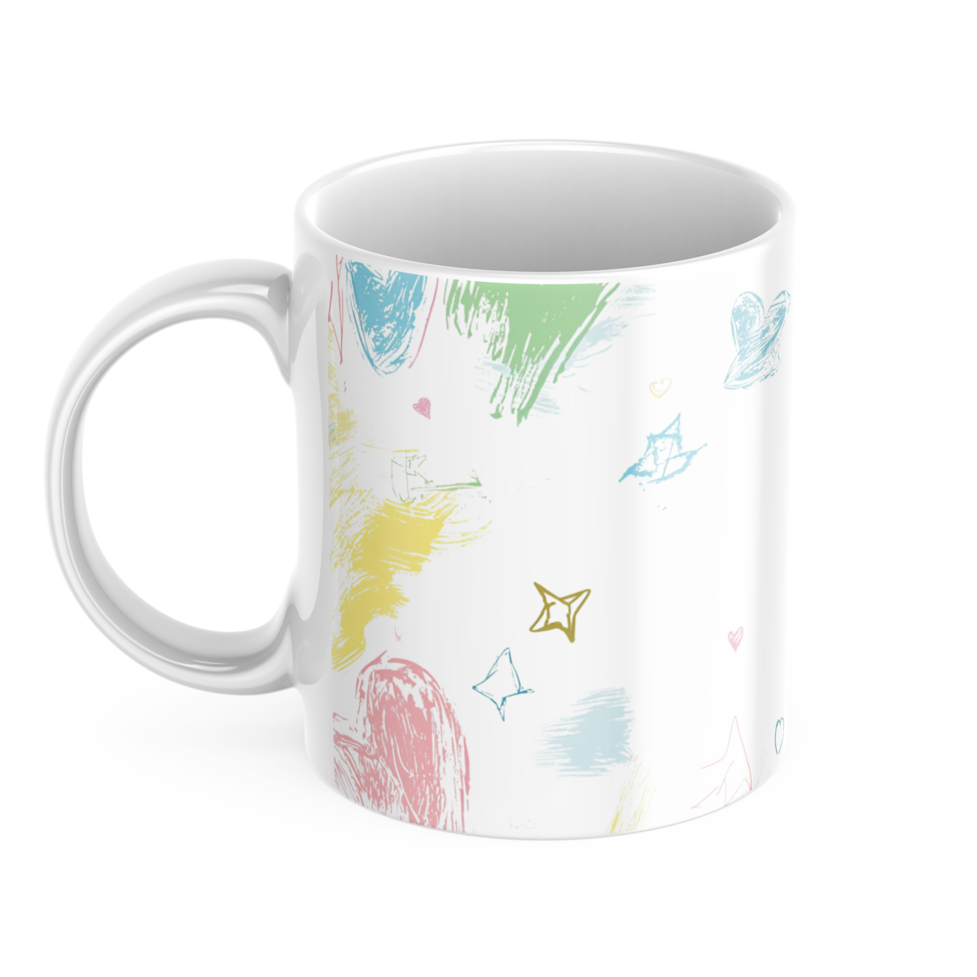 White mug with colorful abstract patterns on a white background