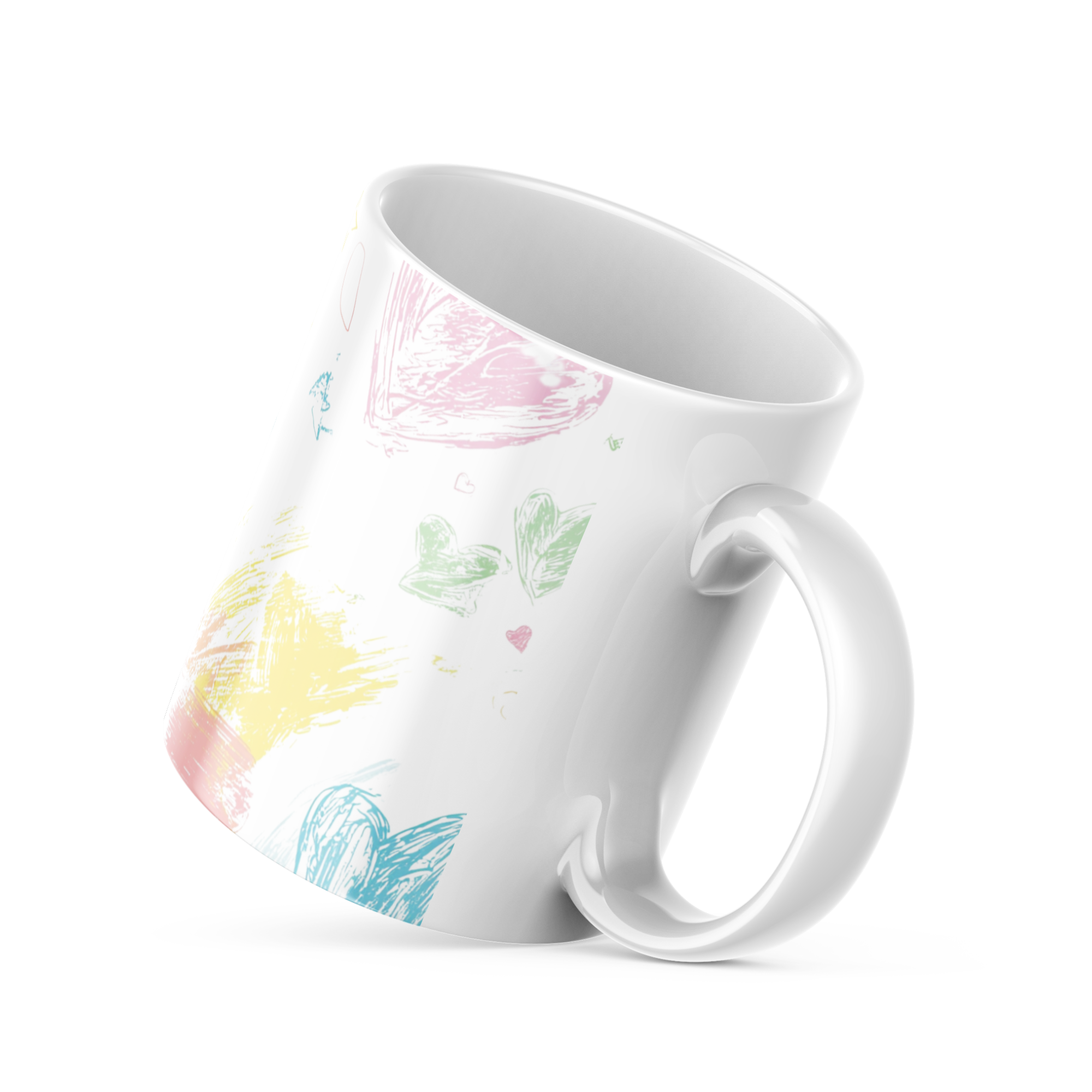 White mug with colorful leaf patterns on a white background