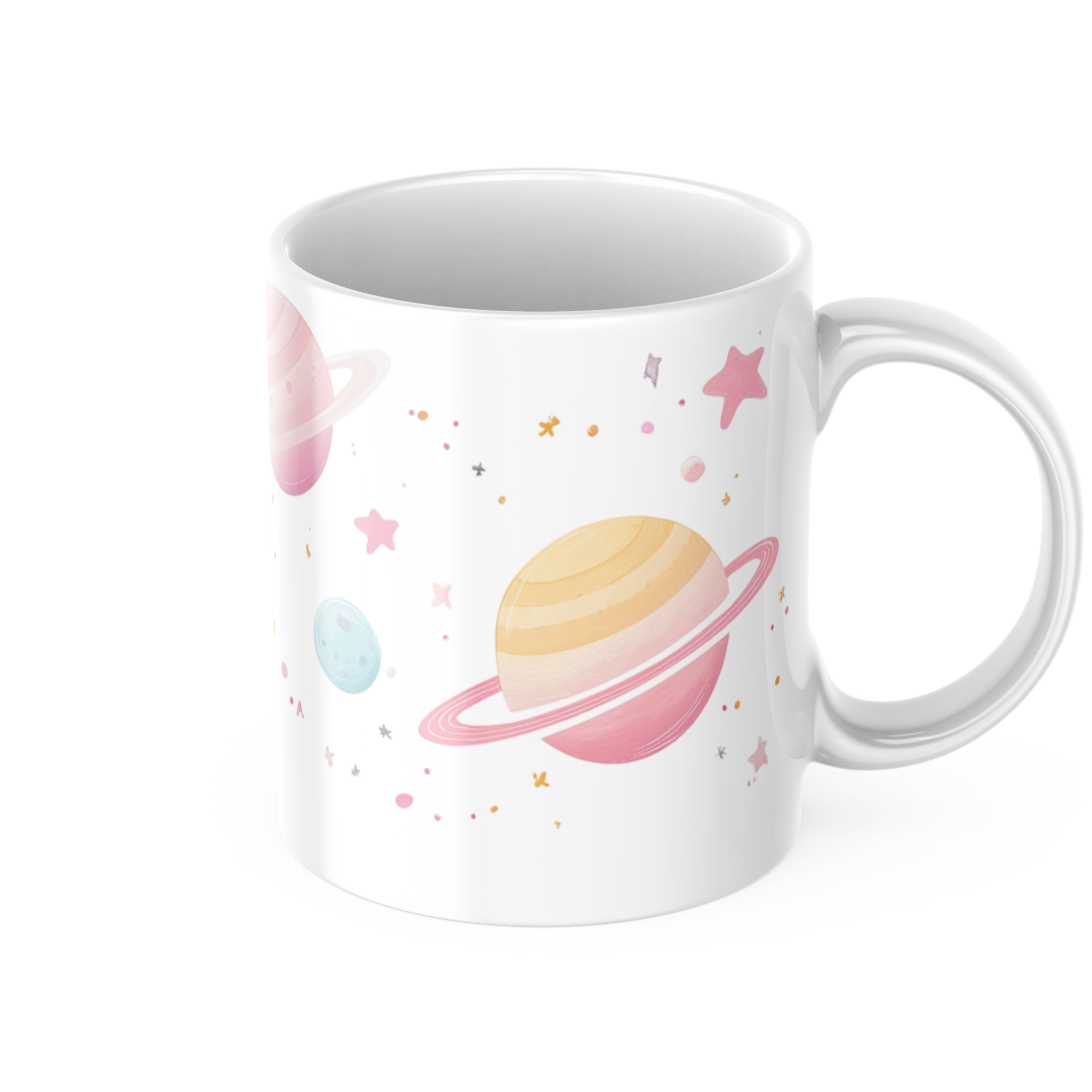 Handle closeup of pastel planets and stars mug