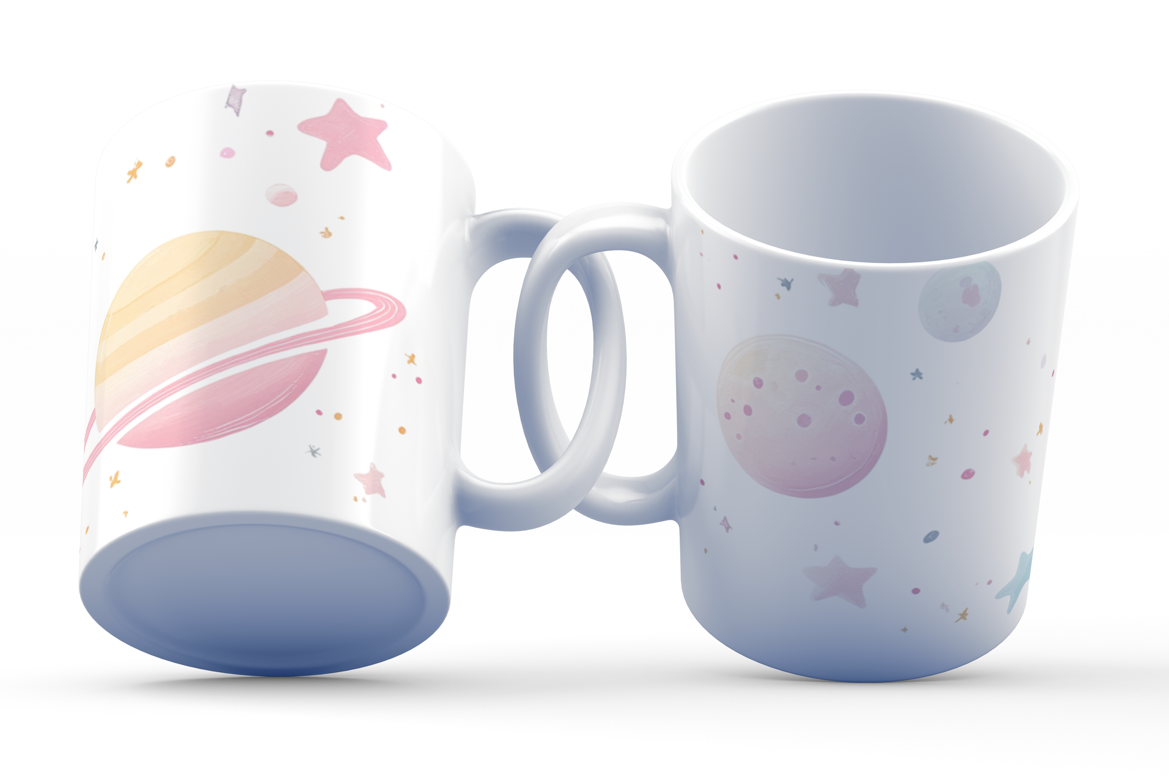 A white ceramic coffee cup with a celestial planets and stars design, featuring pastel colors and a prominent Saturn-like planet with rings.