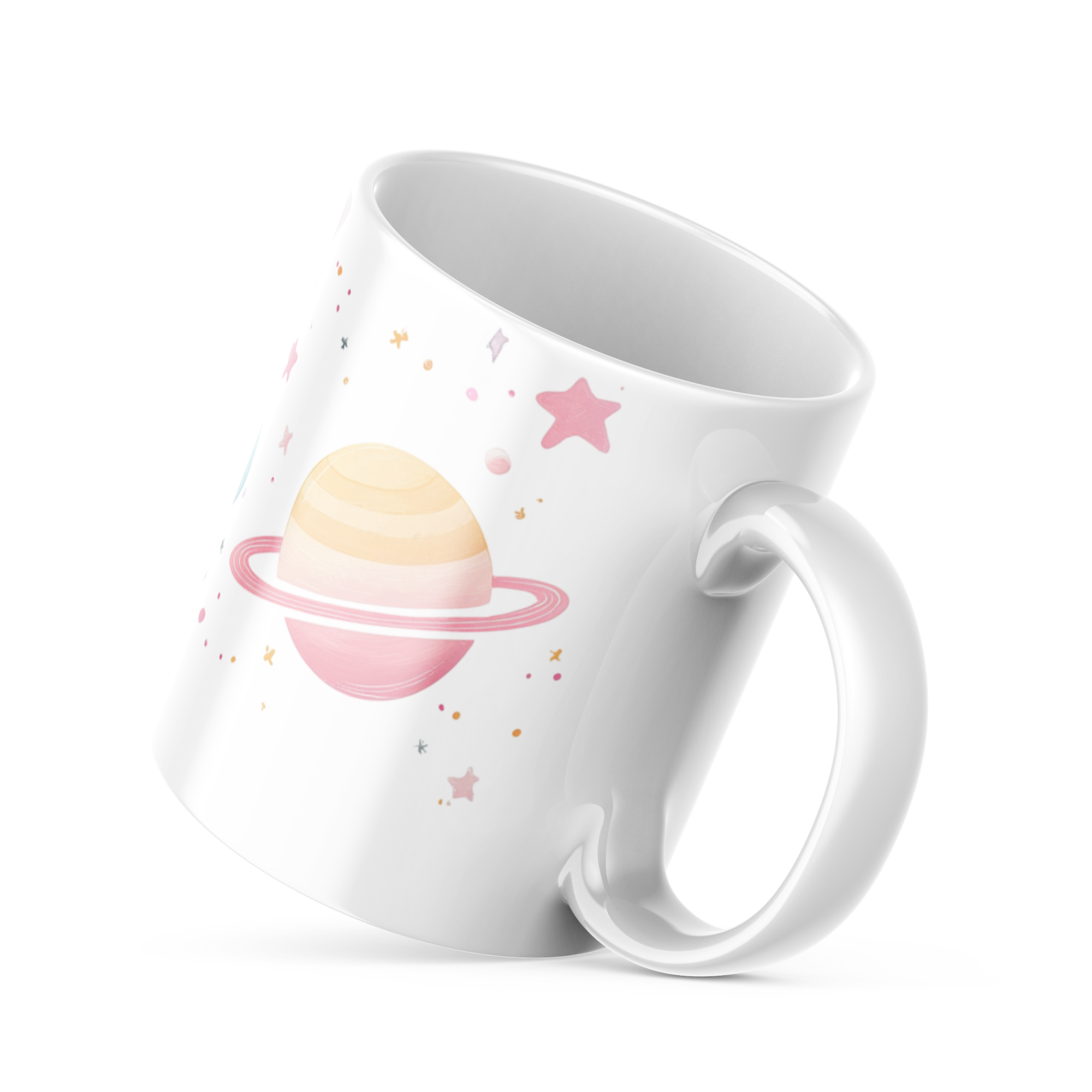 Side view pastel planets ceramic mug with pink and yellow planet